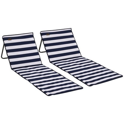 2-Pack Beach Mat, Foldable Beach Chair with Carrying Bag, Reclining Lounge Chair with Adjustable Backrest, Sun Lounger 110 kg Load, Beach Mattress, Magazine Pocket for Garden Outdoor, Blue + White