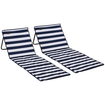 2-Pack Beach Mat, Foldable Beach Chair with Carrying Bag, Reclining Lounge Chair with Adjustable Backrest, Sun Lounger 110 kg Load, Beach Mattress, Magazine Pocket for Garden Outdoor, Blue + White