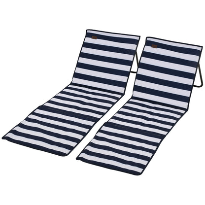 2-Pack Beach Mat, Foldable Beach Chair with Carrying Bag, Reclining Lounge Chair with Adjustable Backrest, Sun Lounger 110 kg Load, Beach Mattress, Magazine Pocket for Garden Outdoor, Blue + White