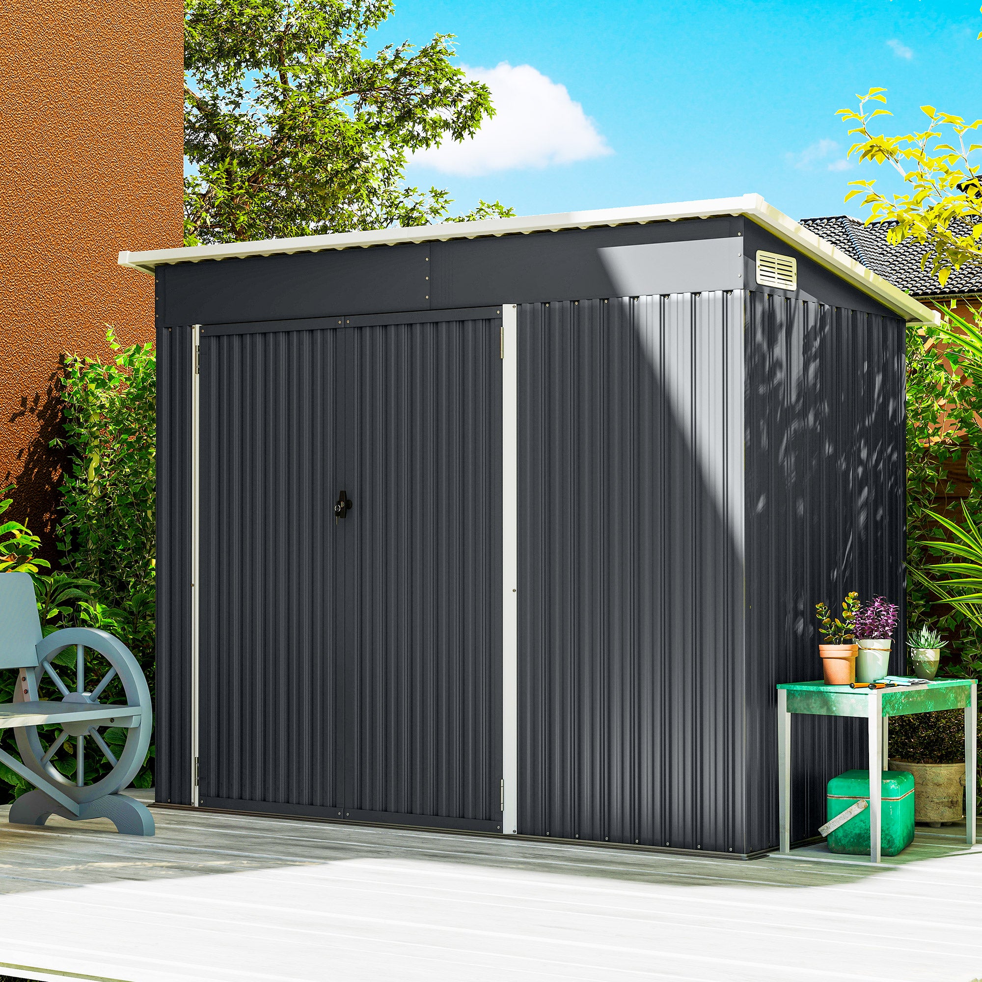 28.8 ft² Metal Garden Shed – Lockable, 3 Doors, Ventilated, Single-Slope Roof, Gloves Included (92 x 52 x 73 in)