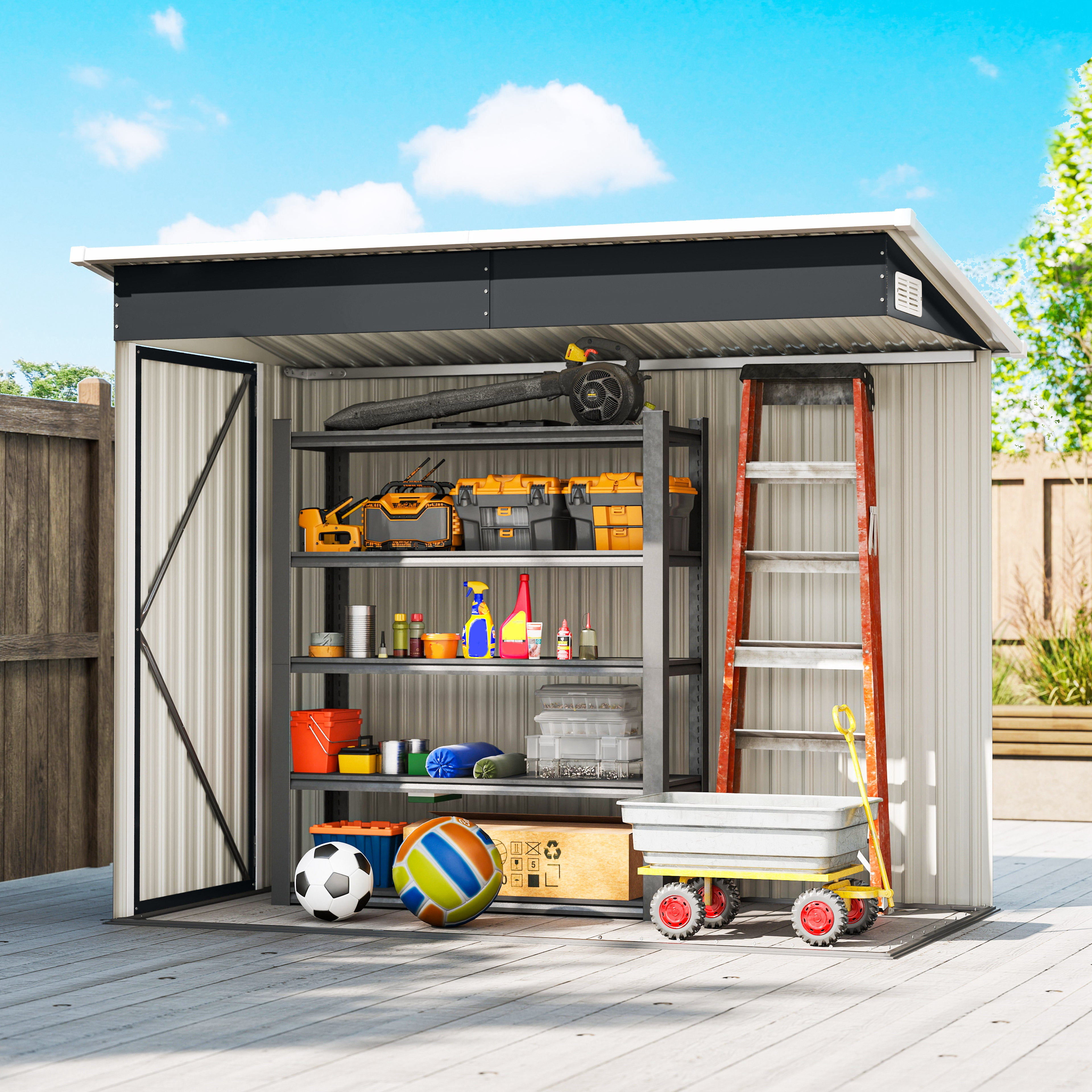 28.8 ft² Metal Garden Shed – Lockable, 3 Doors, Ventilated, Single-Slope Roof, Gloves Included (92 x 52 x 73 in)