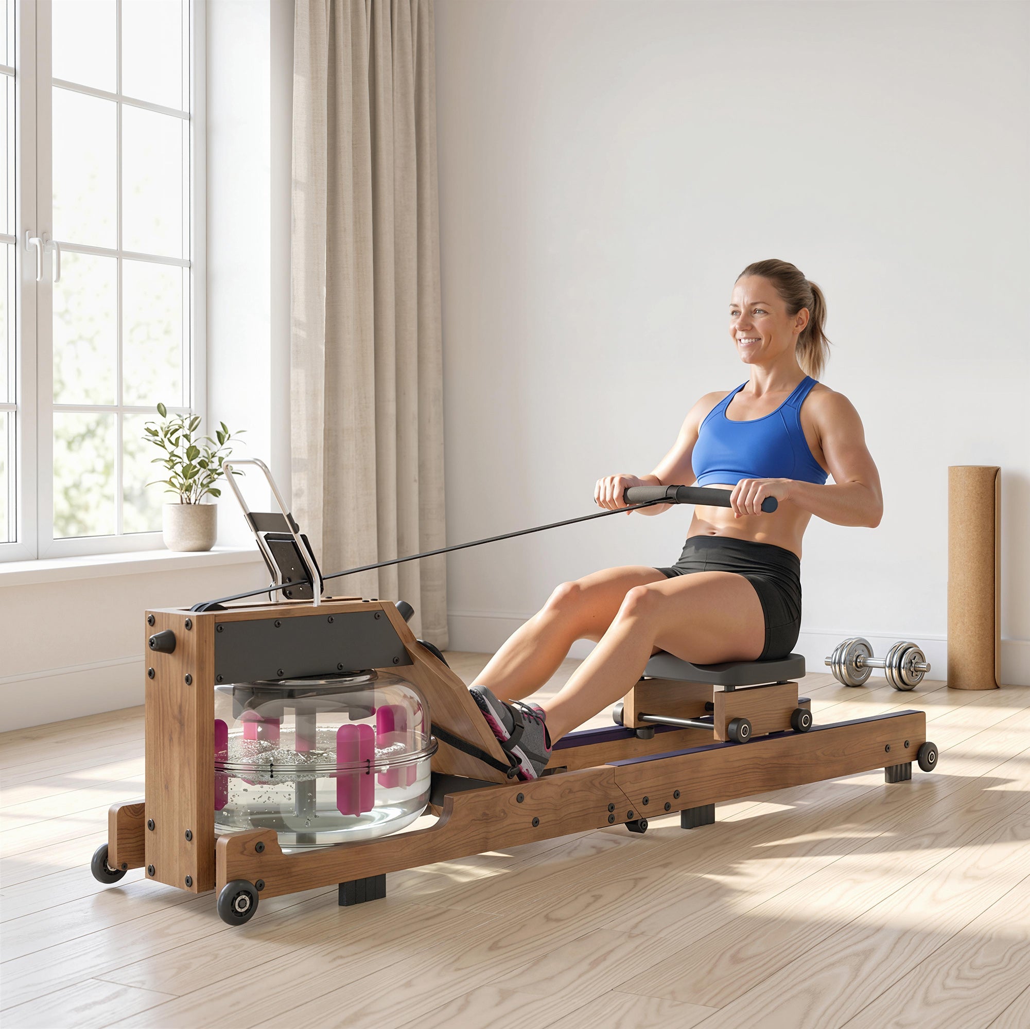 SPORTNOW Foldable Water Rower – Rubberwood Frame, Bluetooth App Compatible, Dual Aluminum Rails, LCD, Comfortable Padded Seat, Phone Holder, 348 lb Capacity