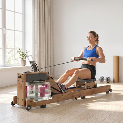 SPORTNOW Foldable Water Rower – Rubberwood Frame, Bluetooth App Compatible, Dual Aluminum Rails, LCD, Comfortable Padded Seat, Phone Holder, 348 lb Capacity