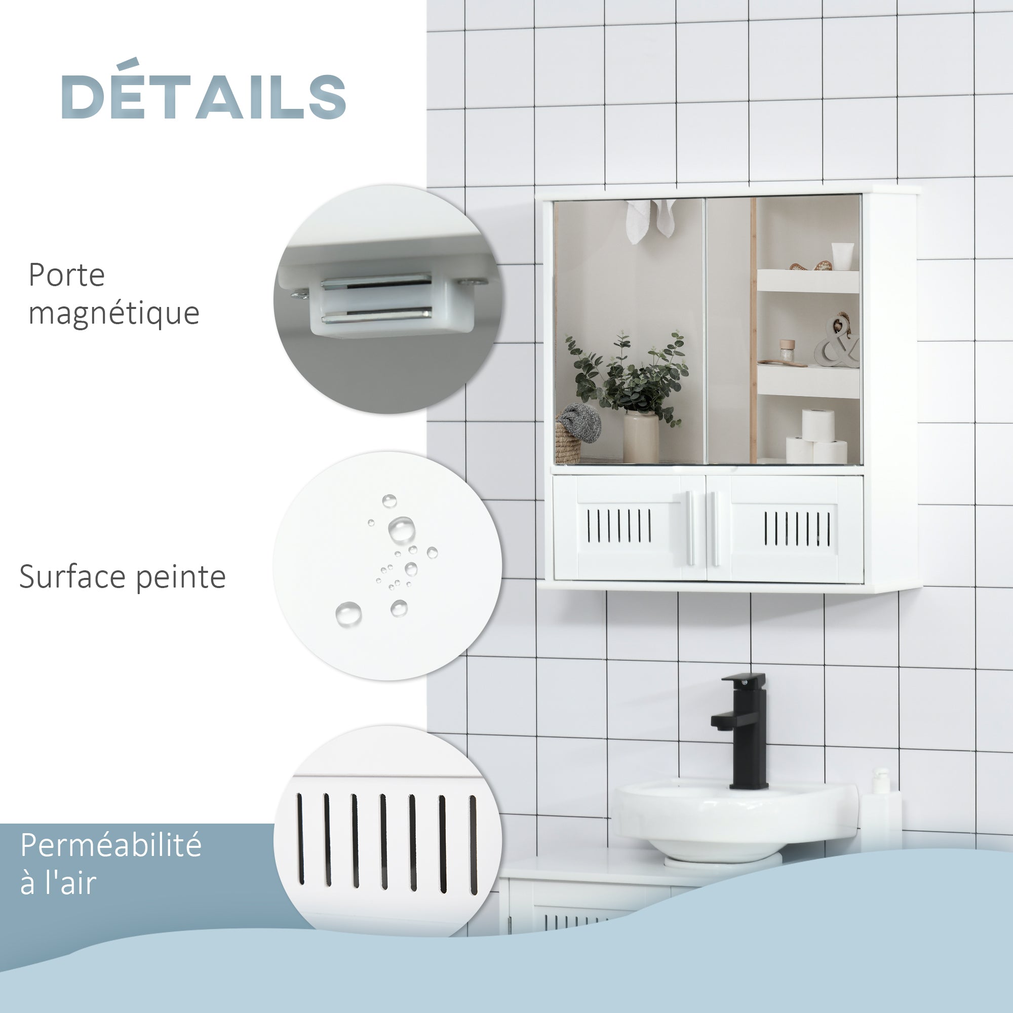 Wall-mounted Bathroom Mirror Cabinet - Mirror Cabinet - Toilet Storage Cupboard - 4 Doors, Shelf - White MDF Glass