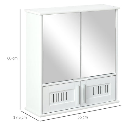 Wall-mounted Bathroom Mirror Cabinet - Mirror Cabinet - Toilet Storage Cupboard - 4 Doors, Shelf - White MDF Glass