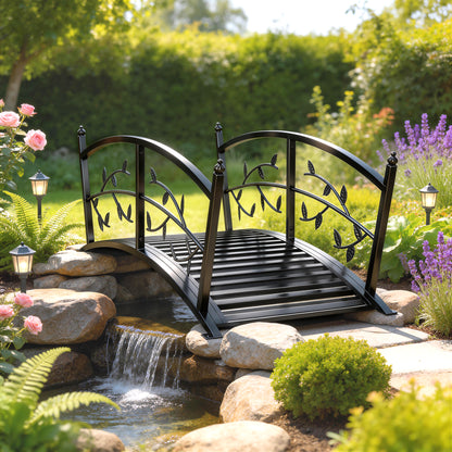 Metal Garden Bridge, 47 in (120 cm) Decorative Pond Bridge with Safety Handrails, Vine & Leaf Design, 220 lb Capacity, Powder-Coated Black — Easy Assembly
