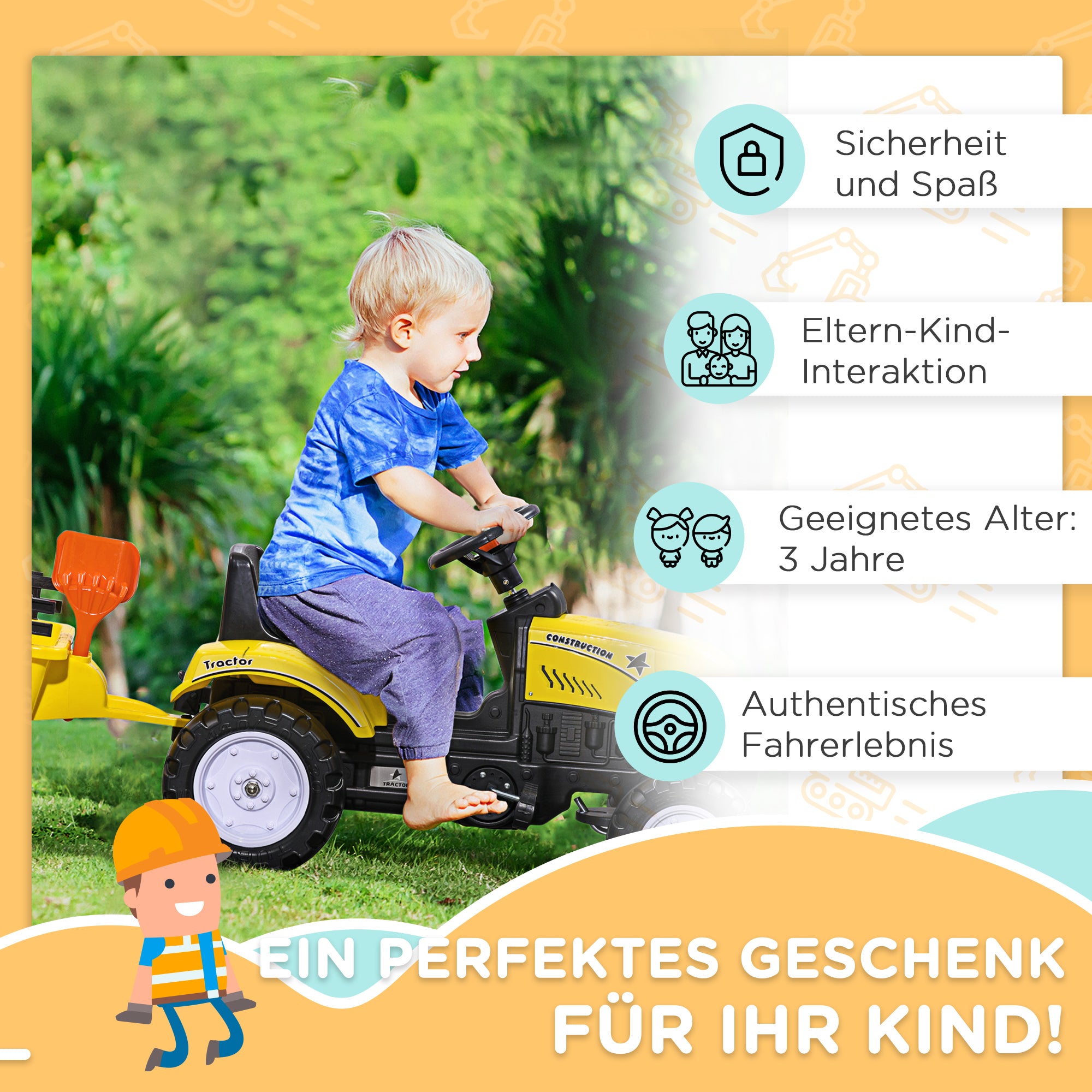 Pedal Tractor with Trailer Pedal Car Tractor Children's Pedal Tractor Toy for Children from 3 Years Old for Outdoor, Garden, Metal Yellow 133 x 42 x 51 cm