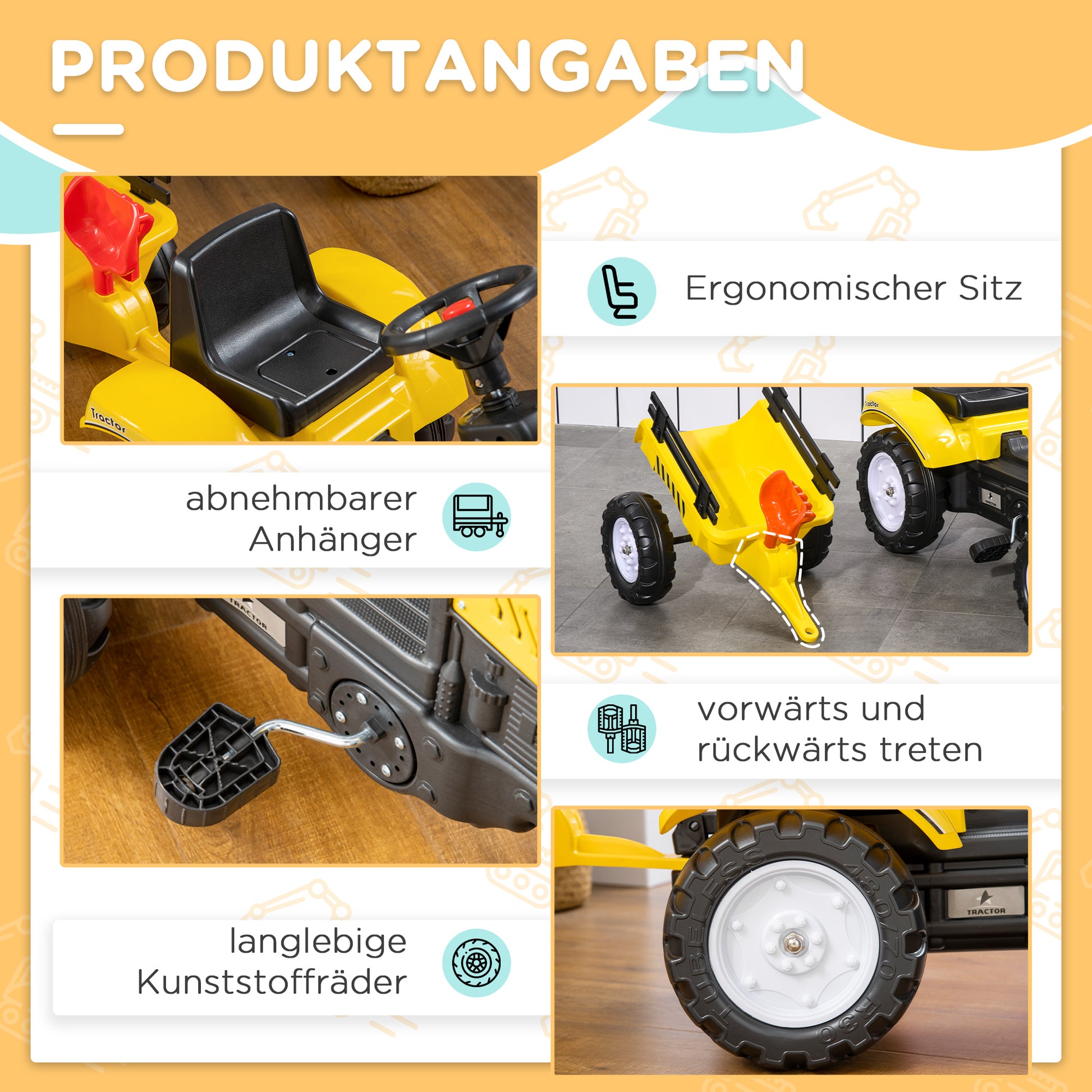 Pedal Tractor with Trailer Pedal Car Tractor Children's Pedal Tractor Toy for Children from 3 Years Old for Outdoor, Garden, Metal Yellow 133 x 42 x 51 cm