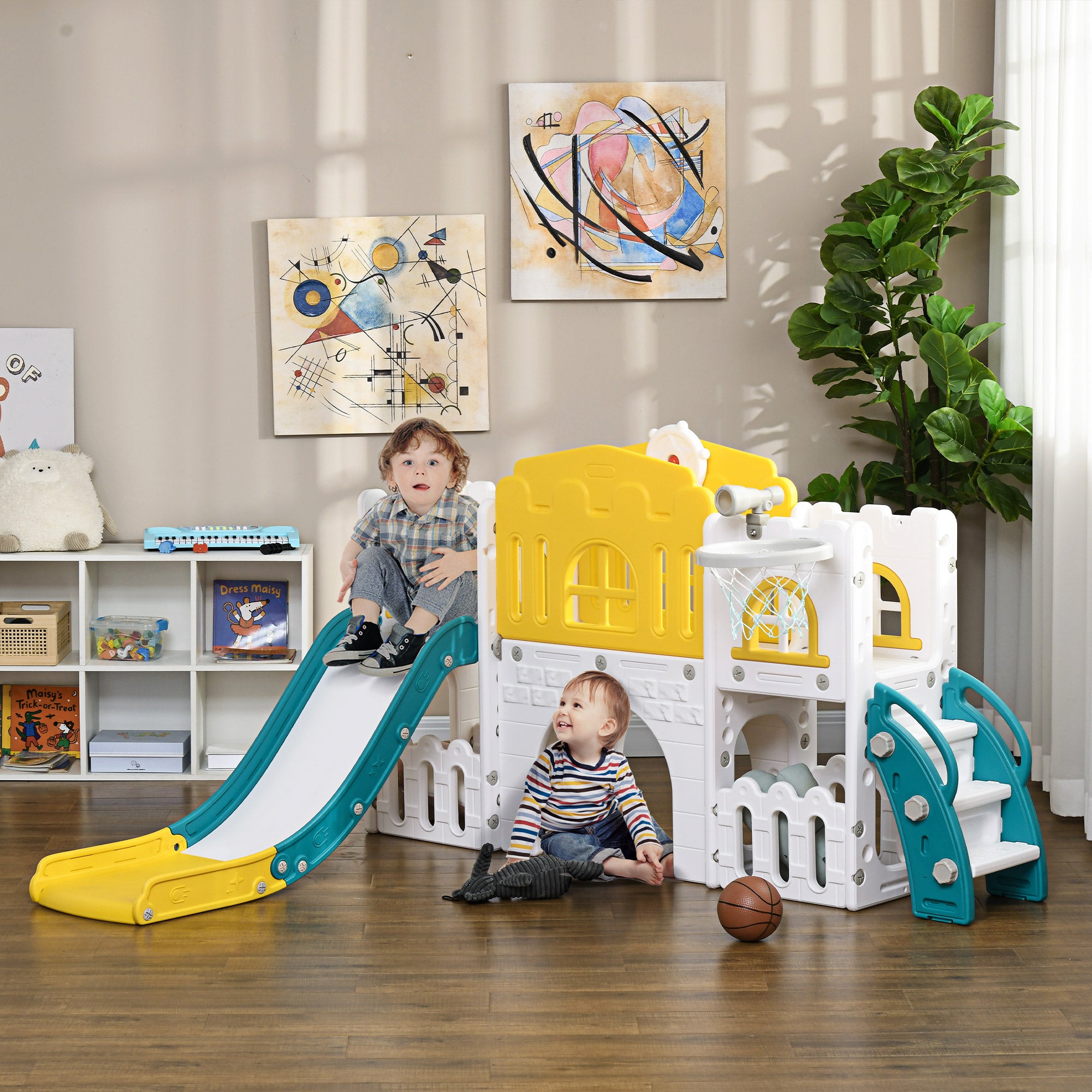 Children's Slide, 7 in 1, Toddler Slide with Basketball Hoop, Climbing Frame, Telescope, Tunnel, Steering Wheel, Platform Walkway, Storage Basket, Playground for 1 to 3 Year Olds