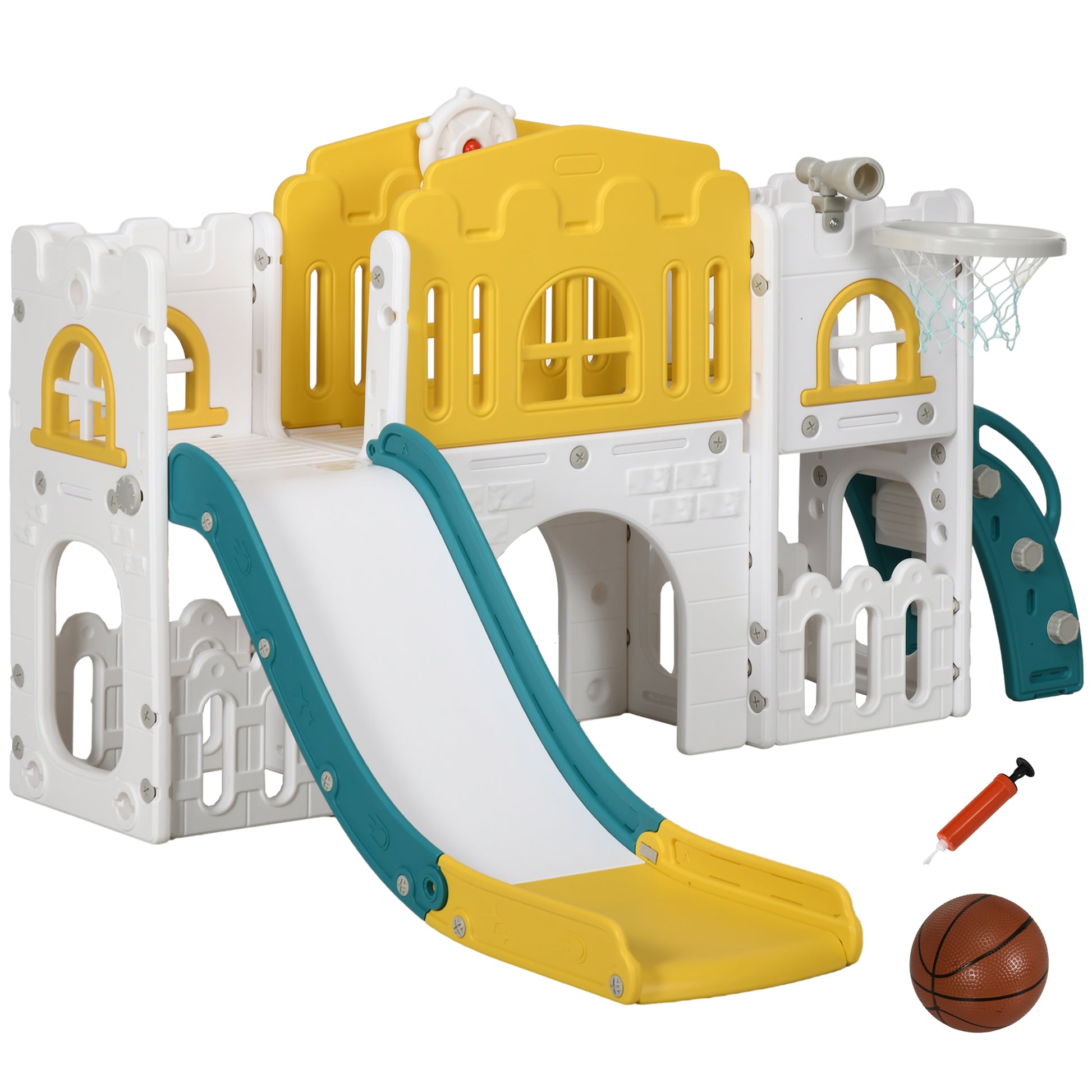 Children's Slide, 7 in 1, Toddler Slide with Basketball Hoop, Climbing Frame, Telescope, Tunnel, Steering Wheel, Platform Walkway, Storage Basket, Playground for 1 to 3 Year Olds