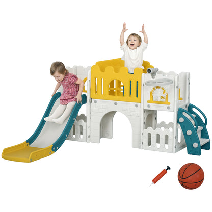 Children's Slide, 7 in 1, Toddler Slide with Basketball Hoop, Climbing Frame, Telescope, Tunnel, Steering Wheel, Platform Walkway, Storage Basket, Playground for 1 to 3 Year Olds