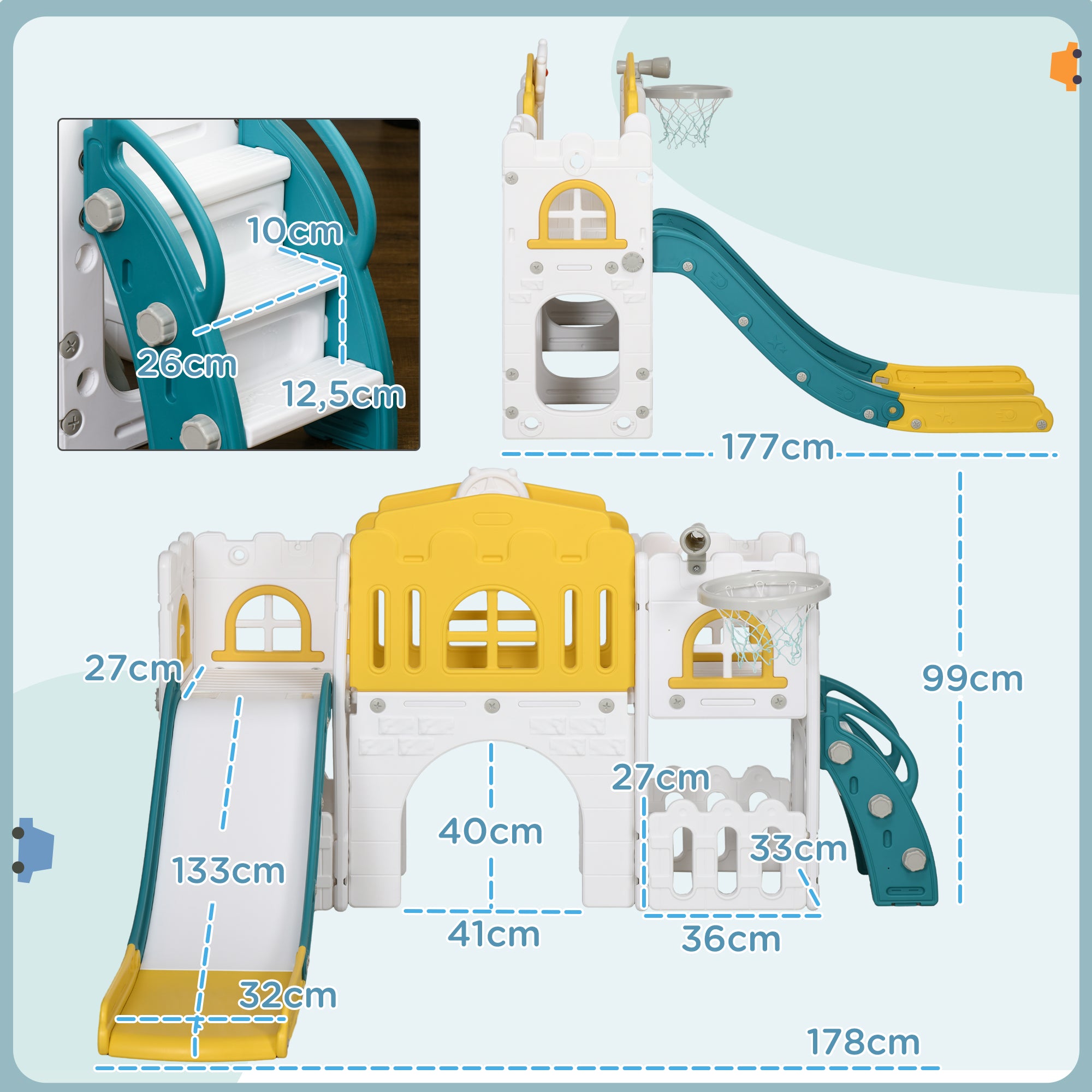 Children's Slide, 7 in 1, Toddler Slide with Basketball Hoop, Climbing Frame, Telescope, Tunnel, Steering Wheel, Platform Walkway, Storage Basket, Playground for 1 to 3 Year Olds