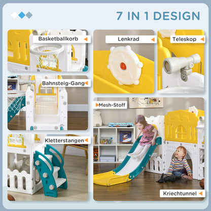 Children's Slide, 7 in 1, Toddler Slide with Basketball Hoop, Climbing Frame, Telescope, Tunnel, Steering Wheel, Platform Walkway, Storage Basket, Playground for 1 to 3 Year Olds