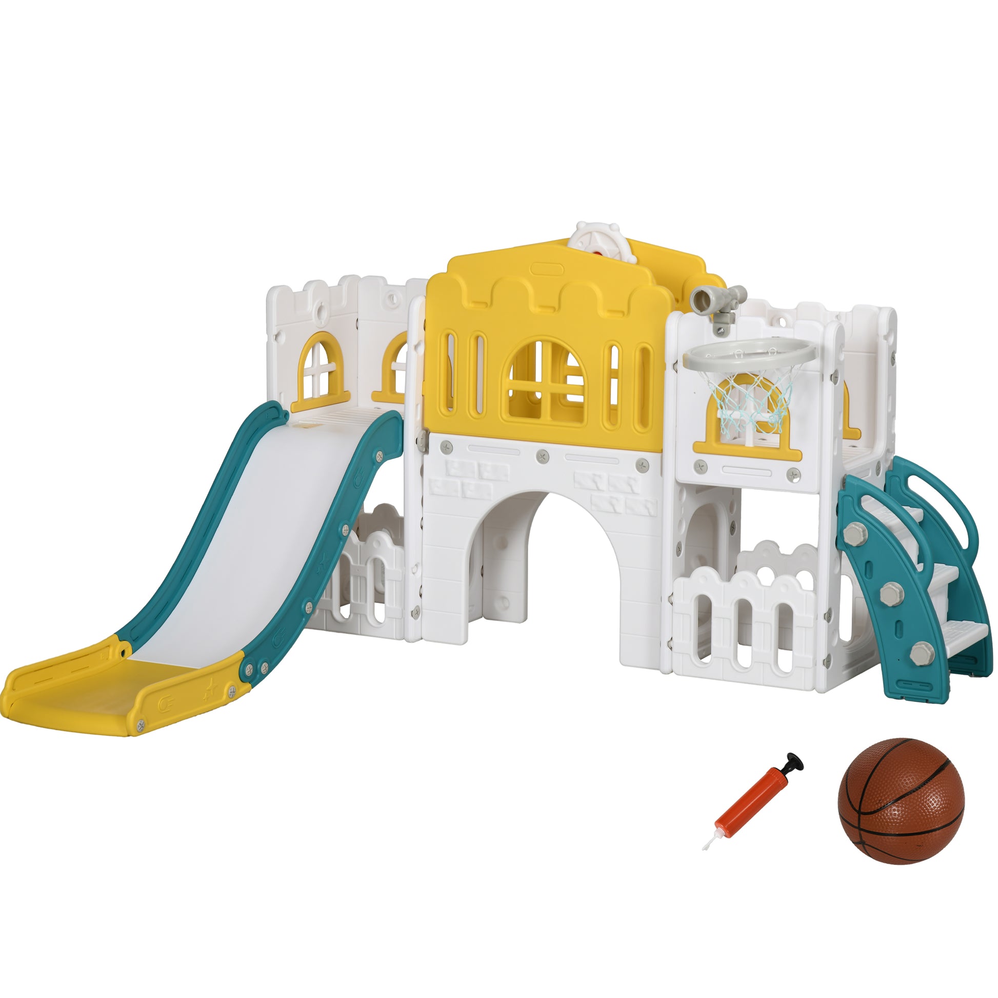 Children's Slide, 7 in 1, Toddler Slide with Basketball Hoop, Climbing Frame, Telescope, Tunnel, Steering Wheel, Platform Walkway, Storage Basket, Playground for 1 to 3 Year Olds