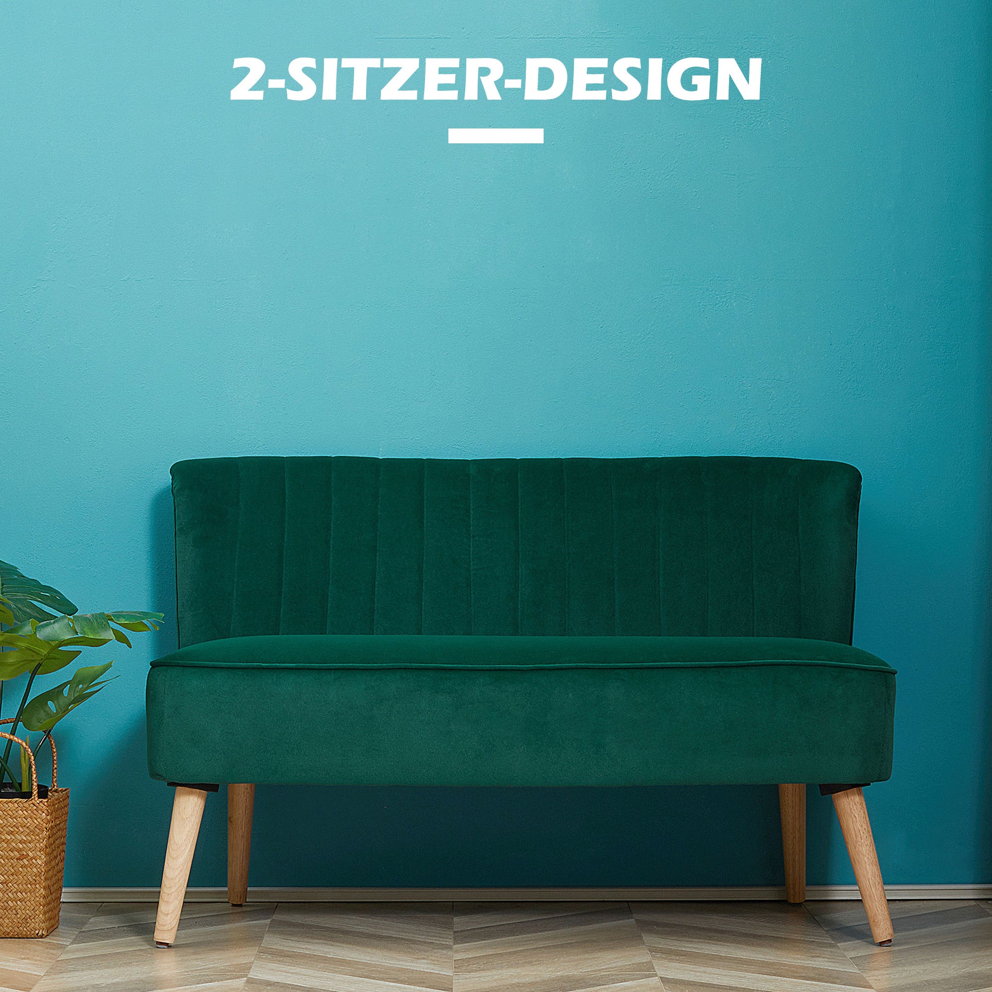 2-Seater Sofa — Compact Velvet-Look Loveseat for Living Room, Bedroom & Small Spaces, Dark Green (46.1 x 22.2 x 30.3 in)