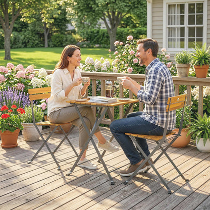 3-Piece Teak Bistro Set for 2 – Folding Table + 2 Folding Chairs, Steel-Frame Patio/Balcony Dining Set