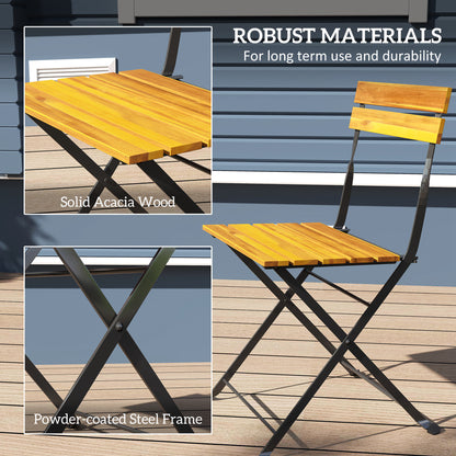 3-Piece Teak Bistro Set for 2 – Folding Table + 2 Folding Chairs, Steel-Frame Patio/Balcony Dining Set