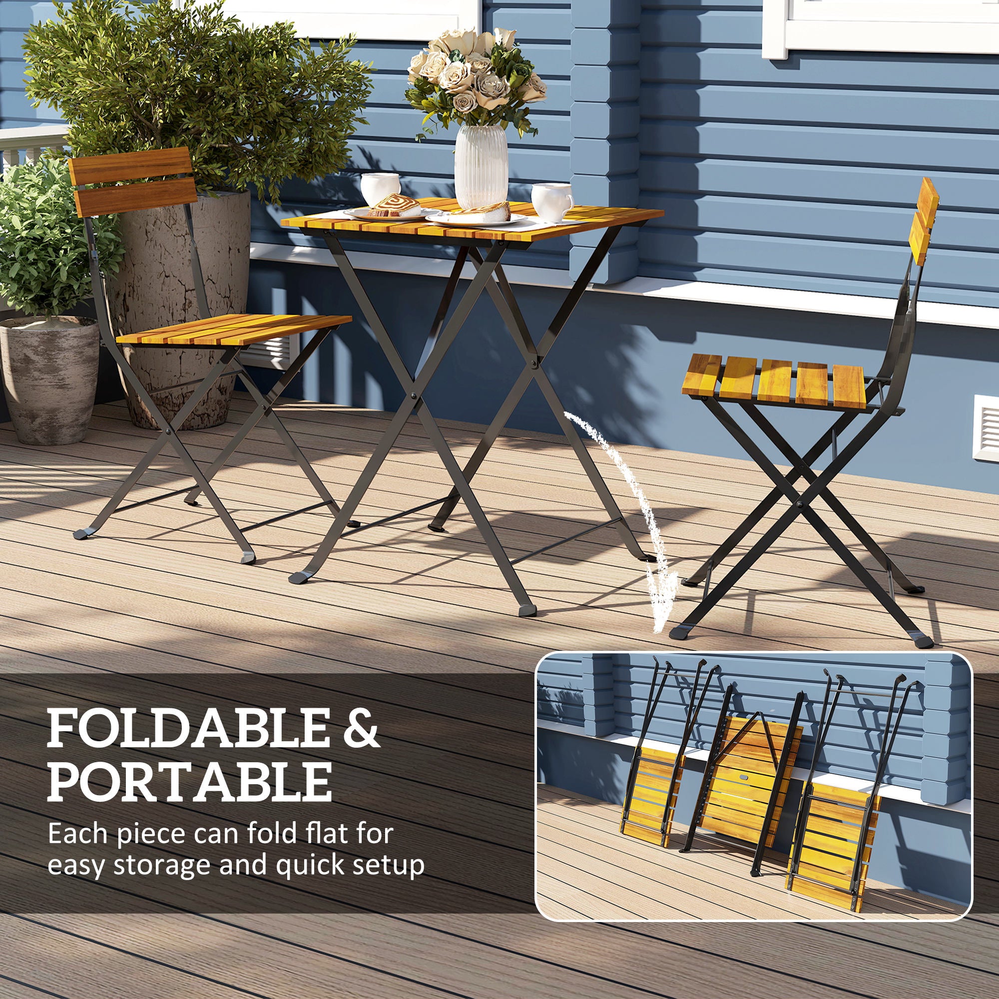 3-Piece Teak Bistro Set for 2 – Folding Table + 2 Folding Chairs, Steel-Frame Patio/Balcony Dining Set