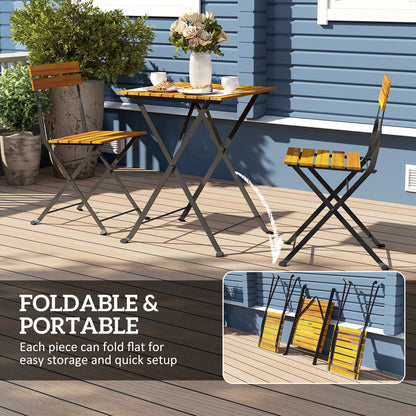 3-Piece Teak Bistro Set for 2 – Folding Table + 2 Folding Chairs, Steel-Frame Patio/Balcony Dining Set