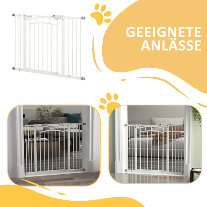 Stair Gate Dog Door Guard with Two Extensions, Dog Barrier Gate with Automatic Closing Door, One-Hand Opening, 74-100 cm, for Small to Medium Dogs, White