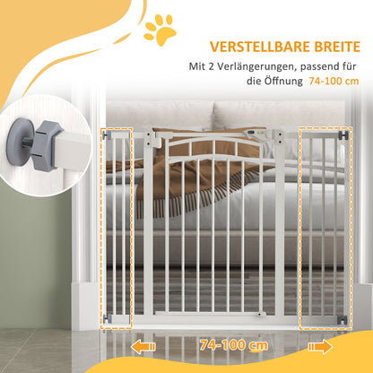 Stair Gate Dog Door Guard with Two Extensions, Dog Barrier Gate with Automatic Closing Door, One-Hand Opening, 74-100 cm, for Small to Medium Dogs, White