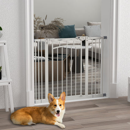 Stair Gate Dog Door Guard with Two Extensions, Dog Barrier Gate with Automatic Closing Door, One-Hand Opening, 74-100 cm, for Small to Medium Dogs, White