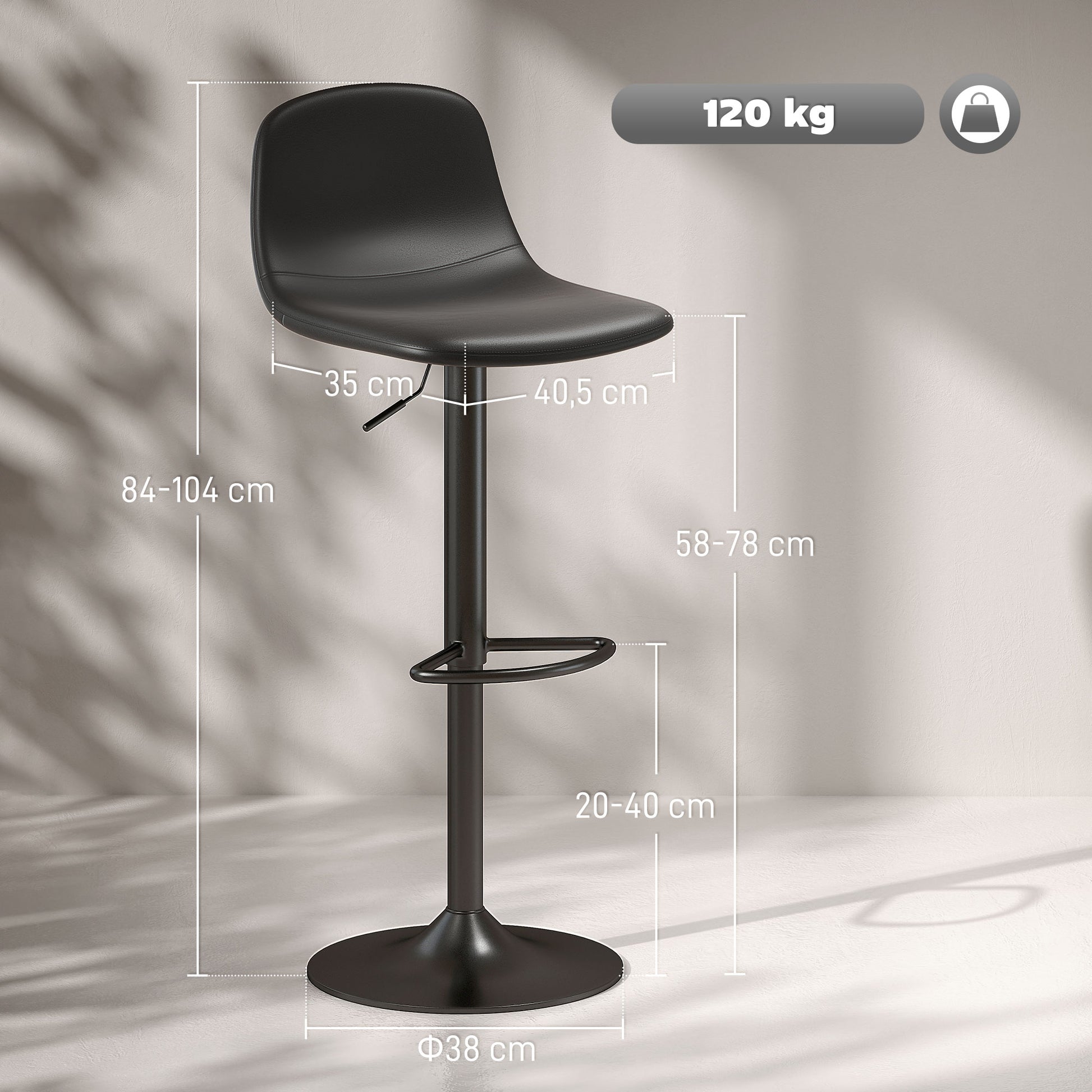 Set of 2 Bar Stools Height-Adjustable Swivel Barstool Counter Stools with Backrest and Footrest, Non-Slip Stools, Faux Leather, Black