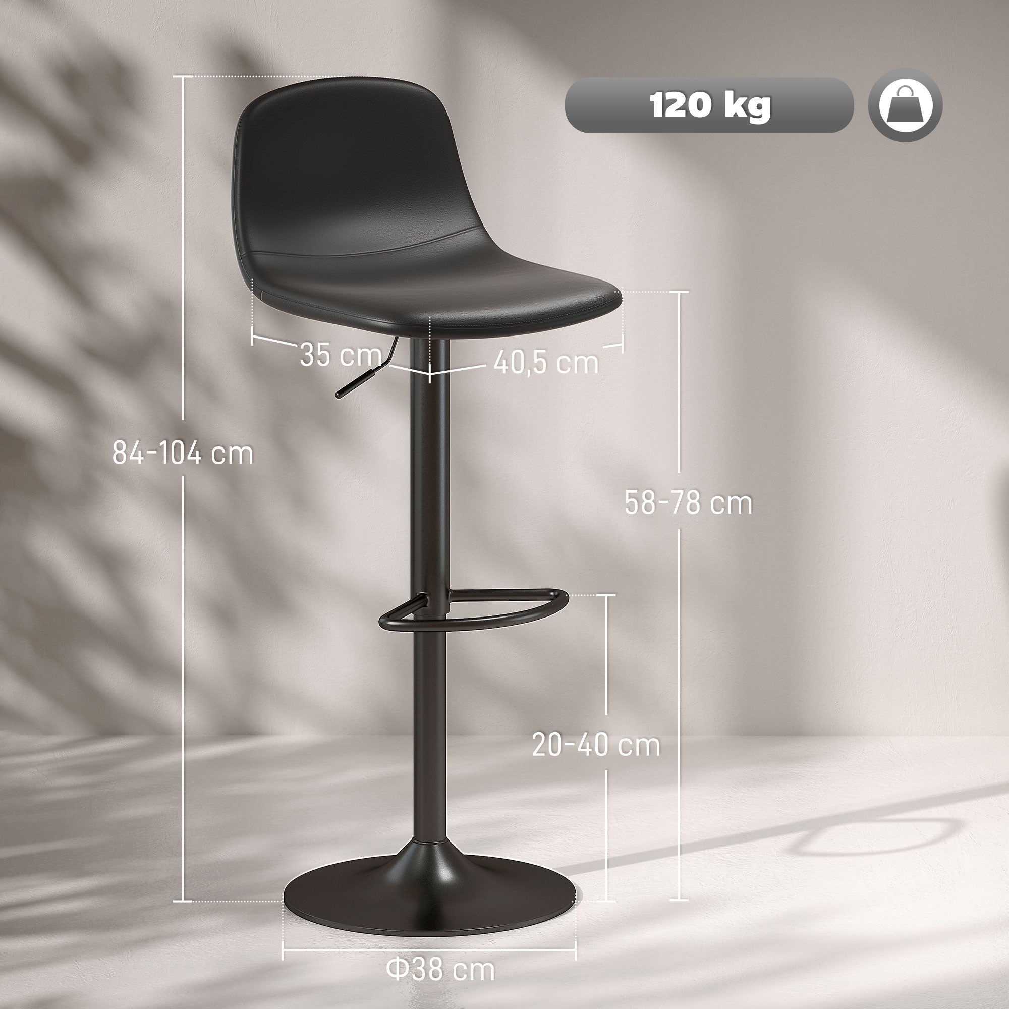 Set of 2 Bar Stools Height-Adjustable Swivel Barstool Counter Stools with Backrest and Footrest, Non-Slip Stools, Faux Leather, Black