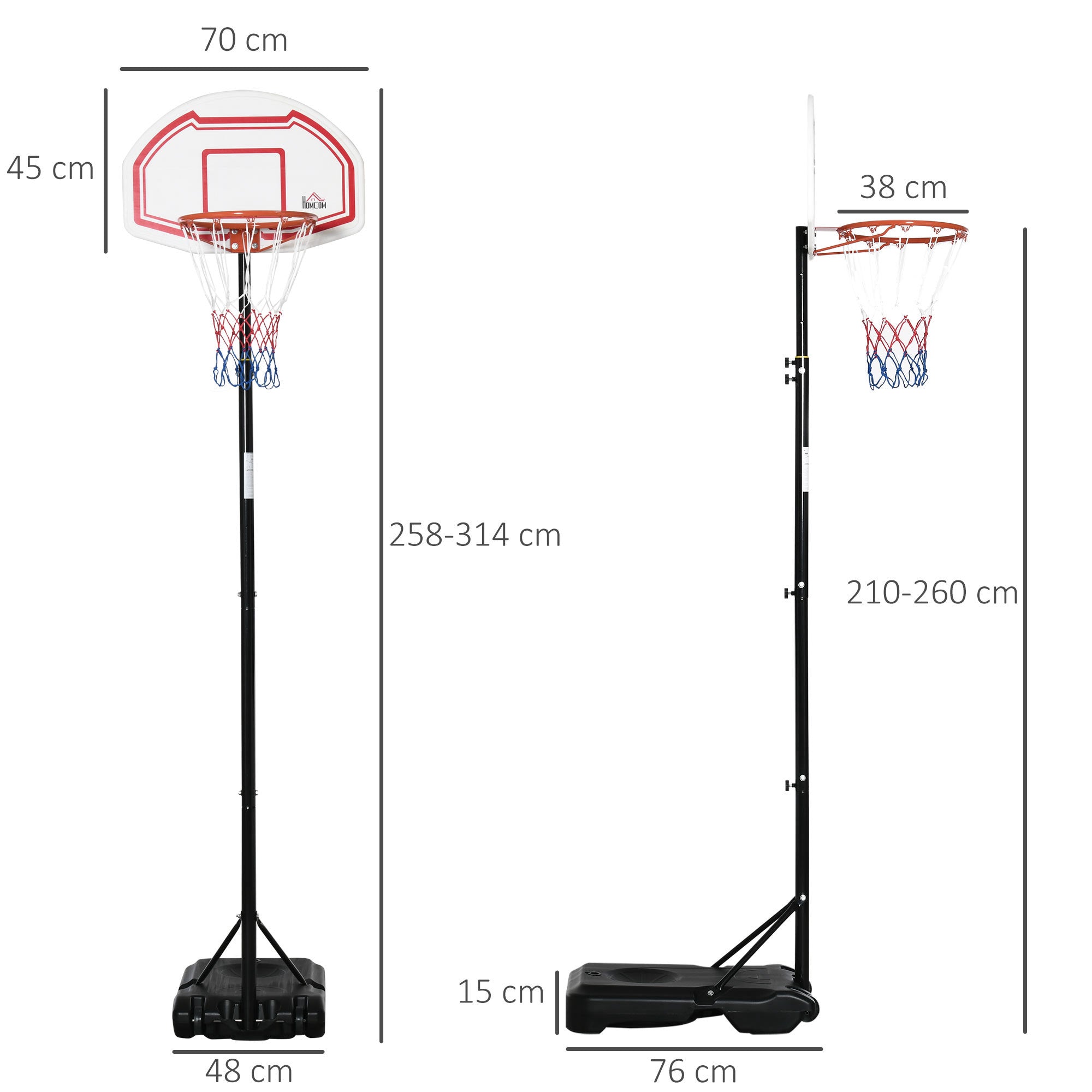 Outdoor Basketball Hoop with Pole, Backboard, Wheeled Weighted Base Adjustable Height 2.1-2.6m (Hoop) - Black, White, and Red