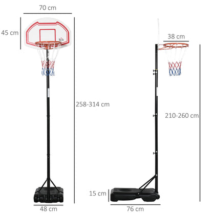Outdoor Basketball Hoop with Pole, Backboard, Wheeled Weighted Base Adjustable Height 2.1-2.6m (Hoop) - Black, White, and Red