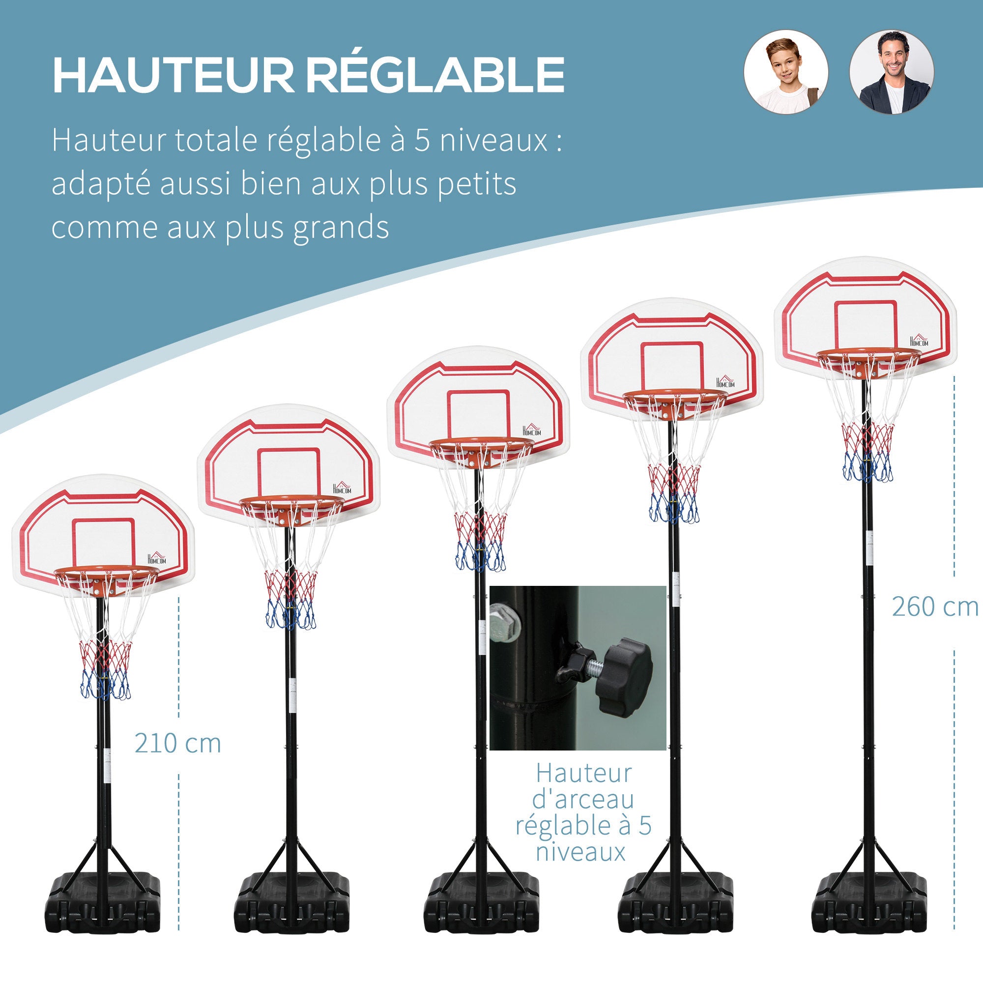 Outdoor Basketball Hoop with Pole, Backboard, Wheeled Weighted Base Adjustable Height 2.1-2.6m (Hoop) - Black, White, and Red