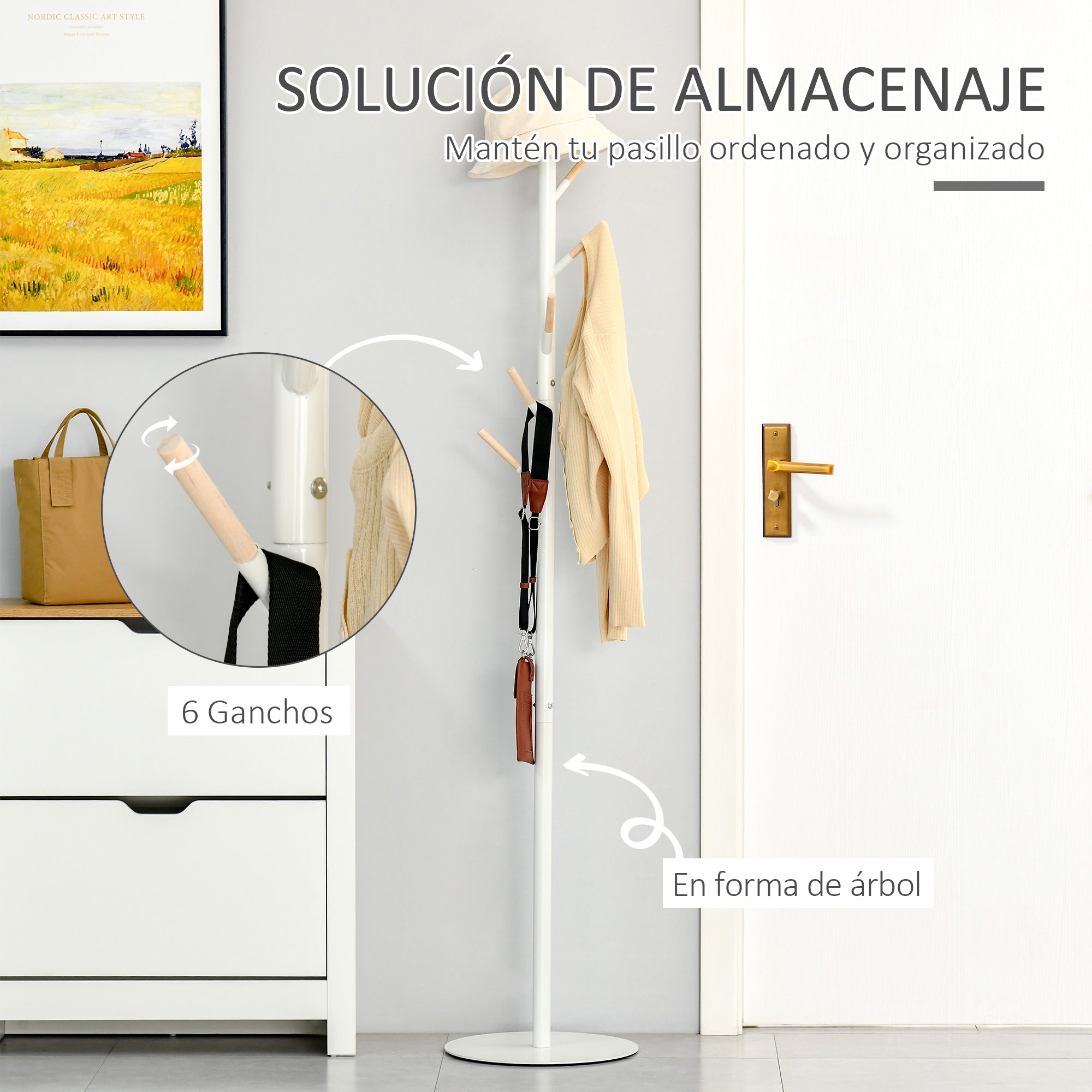 Coat Rack Stand Tree Coat Rack with 6 Wood Hooks for Clothes Bags Scarves and Metal Frame for Living Room Entryway Bedroom 35x35x174 cm White