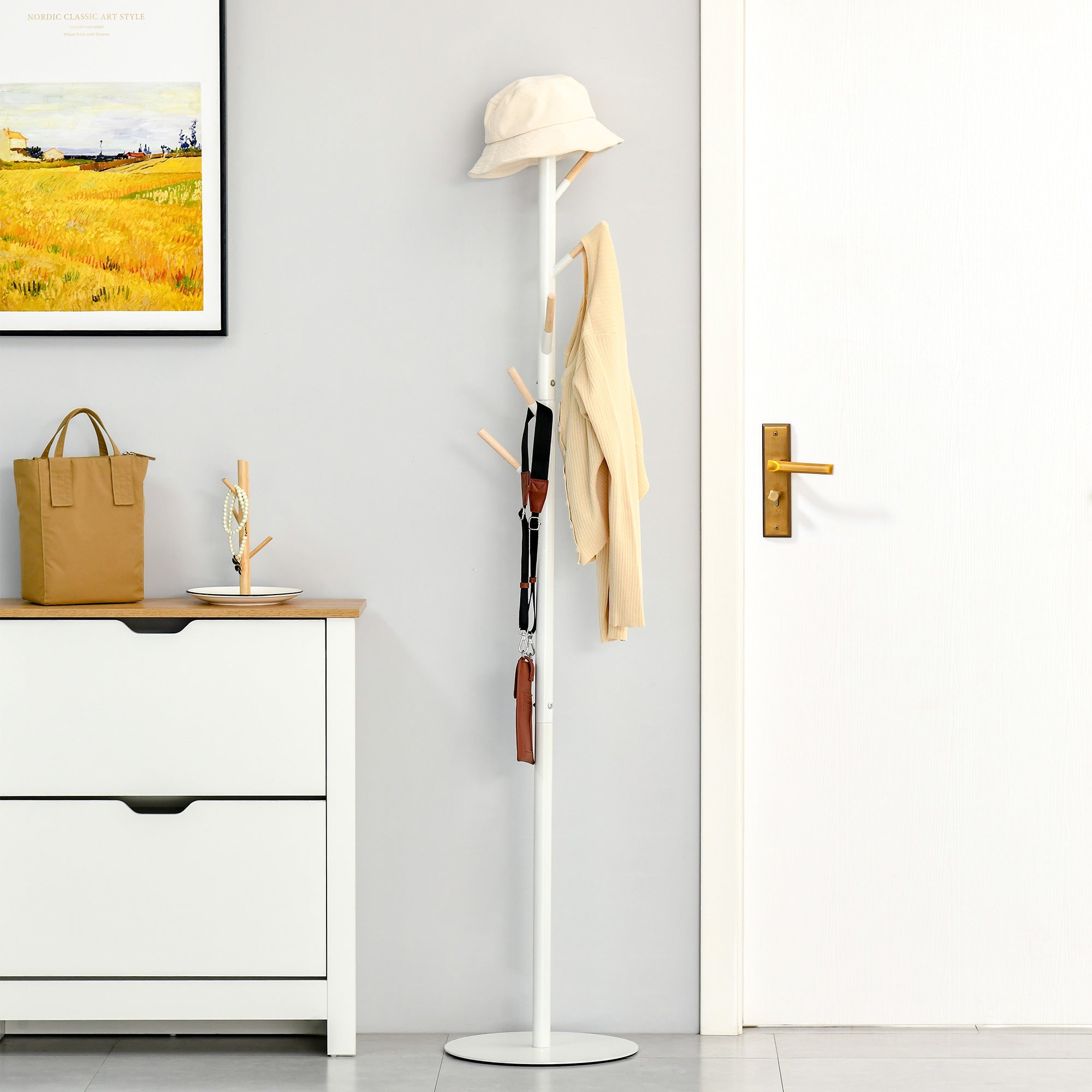 Coat Rack Stand Tree Coat Rack with 6 Wood Hooks for Clothes Bags Scarves and Metal Frame for Living Room Entryway Bedroom 35x35x174 cm White
