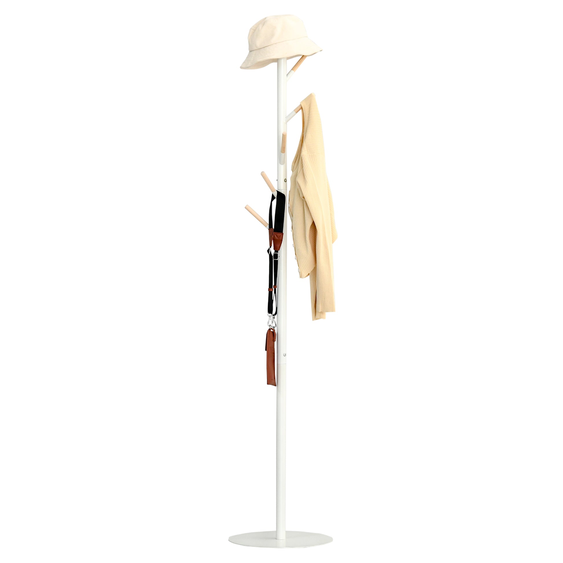 Coat Rack Stand Tree Coat Rack with 6 Wood Hooks for Clothes Bags Scarves and Metal Frame for Living Room Entryway Bedroom 35x35x174 cm White