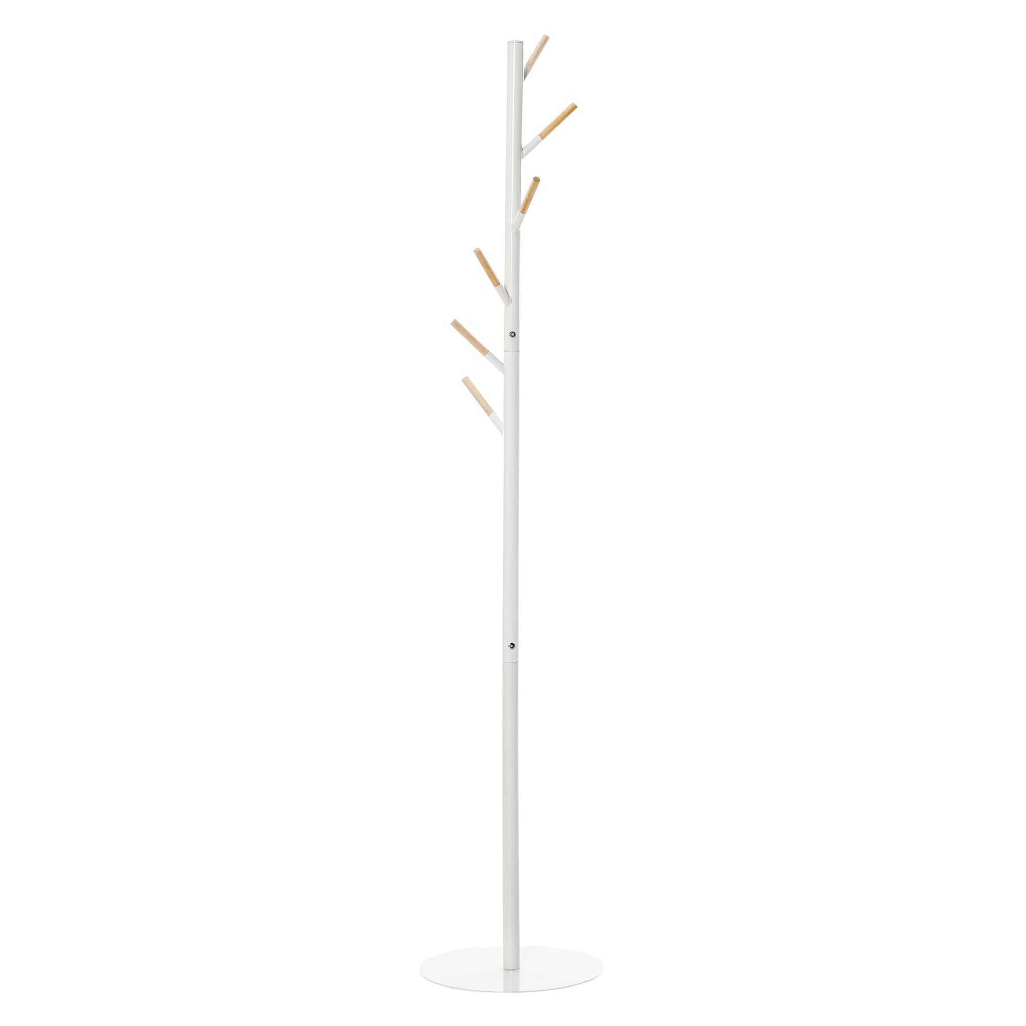 Coat Rack Stand Tree Coat Rack with 6 Wood Hooks for Clothes Bags Scarves and Metal Frame for Living Room Entryway Bedroom 35x35x174 cm White