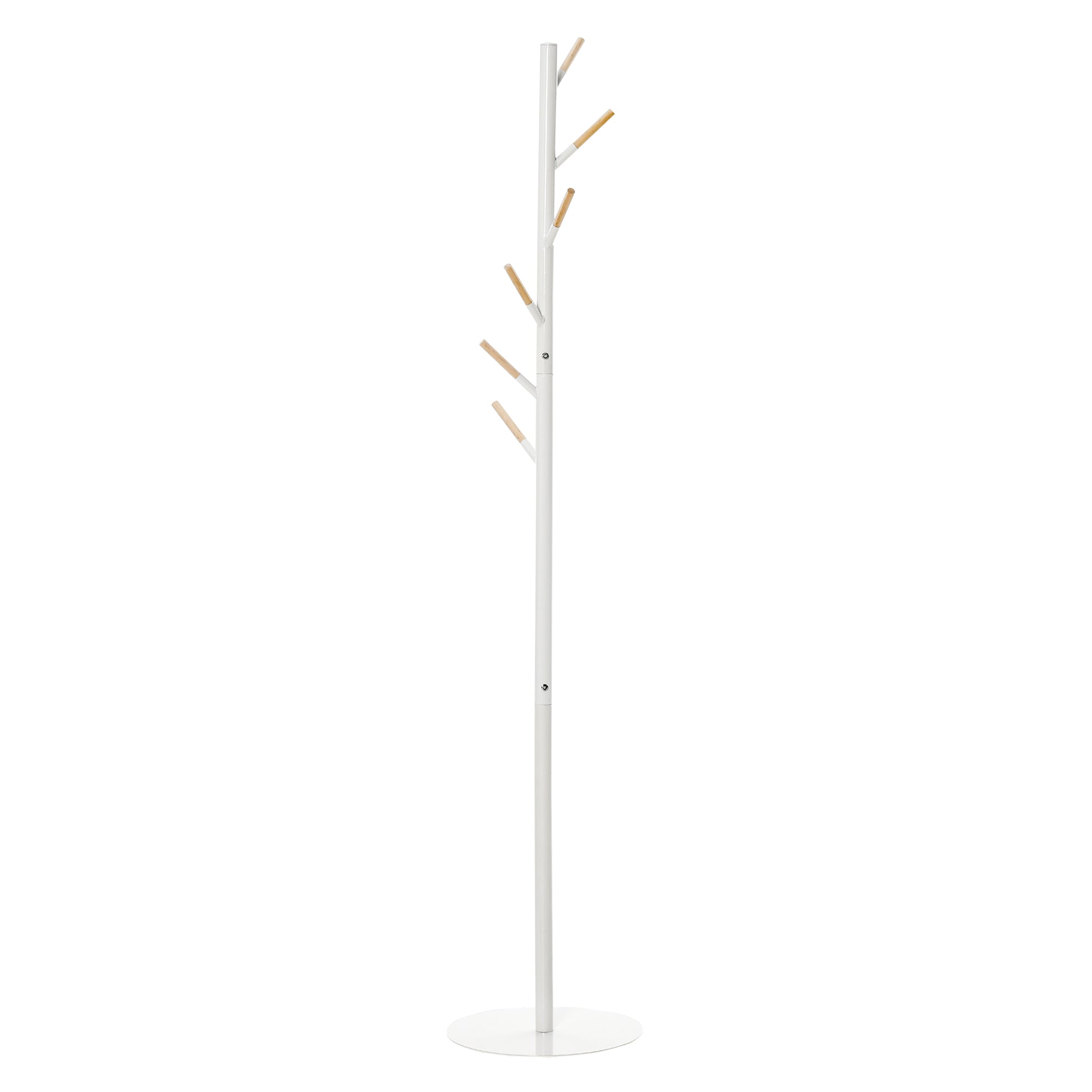 Coat Rack Stand Tree Coat Rack with 6 Wood Hooks for Clothes Bags Scarves and Metal Frame for Living Room Entryway Bedroom 35x35x174 cm White