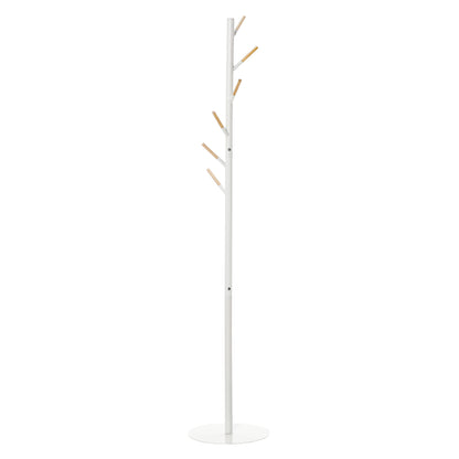 Coat Rack Stand Tree Coat Rack with 6 Wood Hooks for Clothes Bags Scarves and Metal Frame for Living Room Entryway Bedroom 35x35x174 cm White