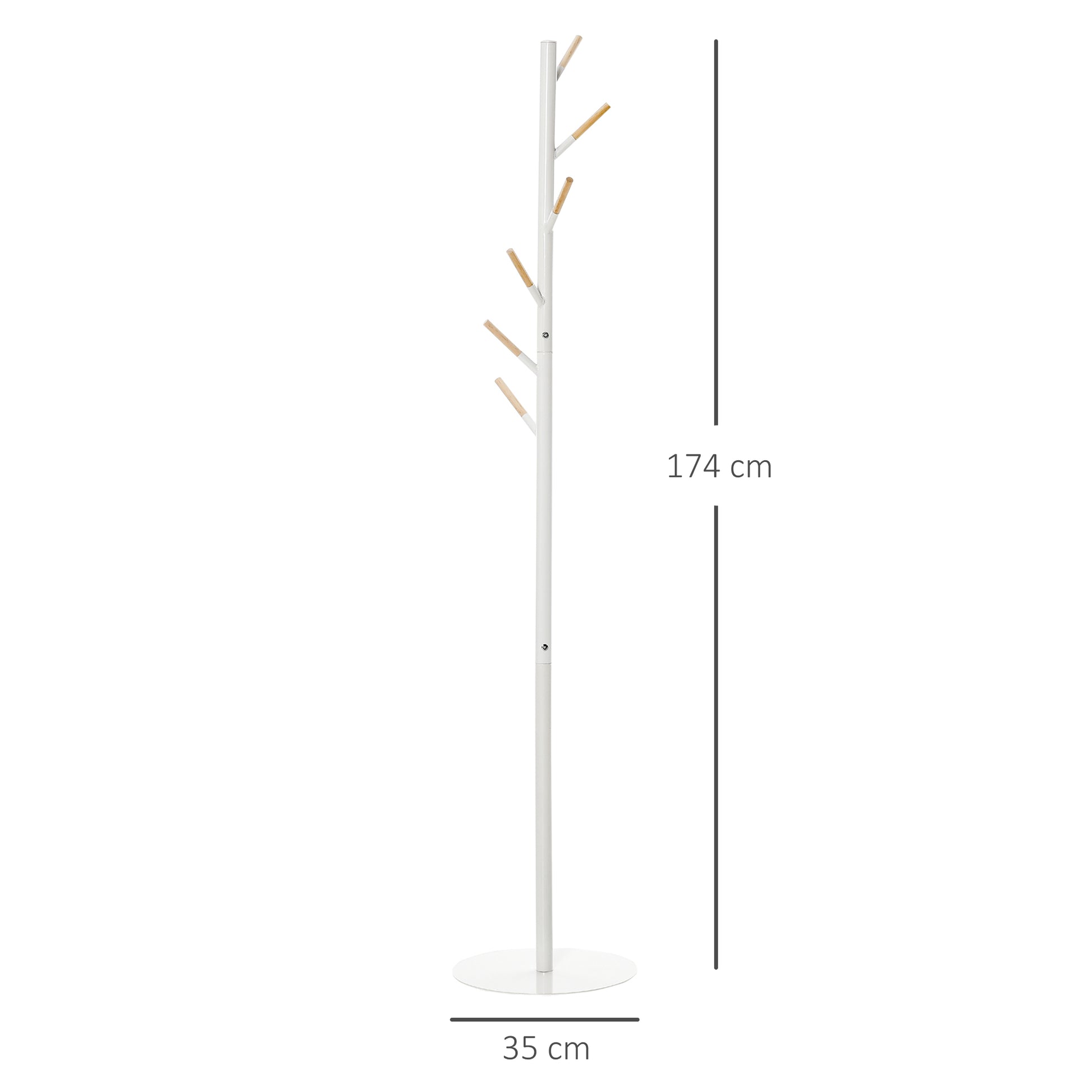 Coat Rack Stand Tree Coat Rack with 6 Wood Hooks for Clothes Bags Scarves and Metal Frame for Living Room Entryway Bedroom 35x35x174 cm White