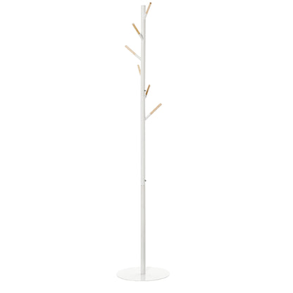 Coat Rack Stand Tree Coat Rack with 6 Wood Hooks for Clothes Bags Scarves and Metal Frame for Living Room Entryway Bedroom 35x35x174 cm White