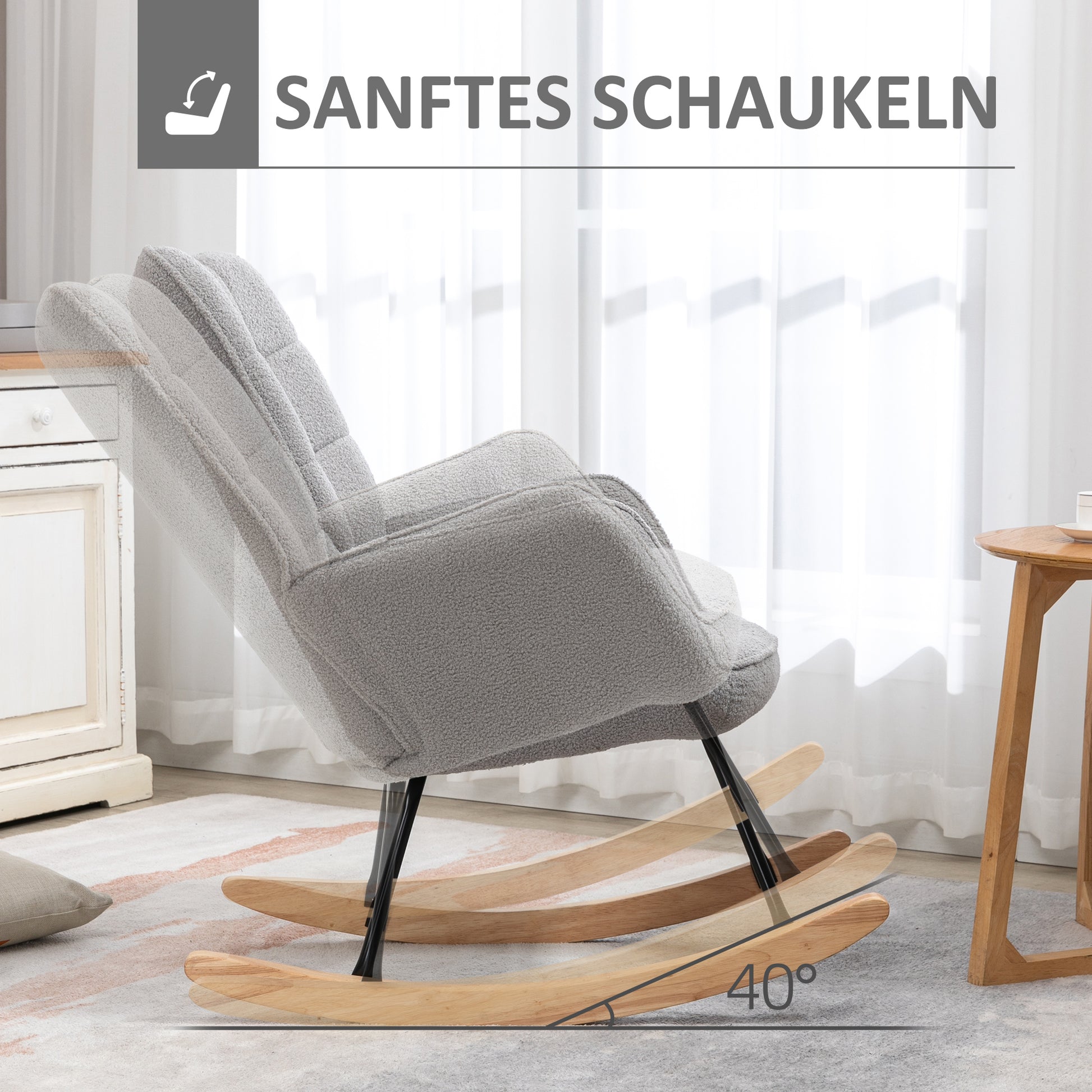 Rocking Chair, Rocking Armchair with Berber Fleece Look, Armrest, Padded Chair with Wooden Rockers, Relax Armchair for Living Room, Bedroom, up to 120kg Load, Light Grey