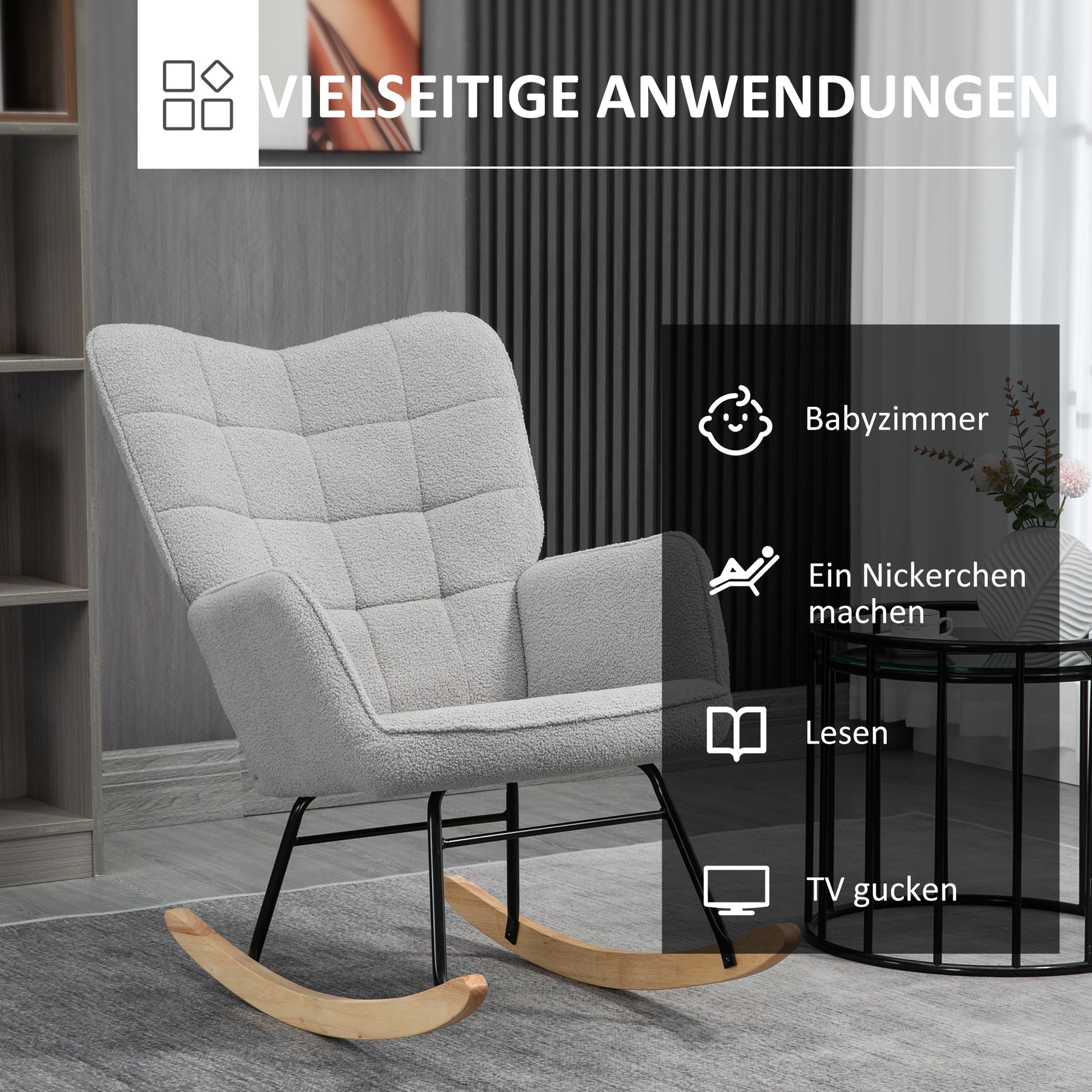 Rocking Chair, Rocking Armchair with Berber Fleece Look, Armrest, Padded Chair with Wooden Rockers, Relax Armchair for Living Room, Bedroom, up to 120kg Load, Light Grey
