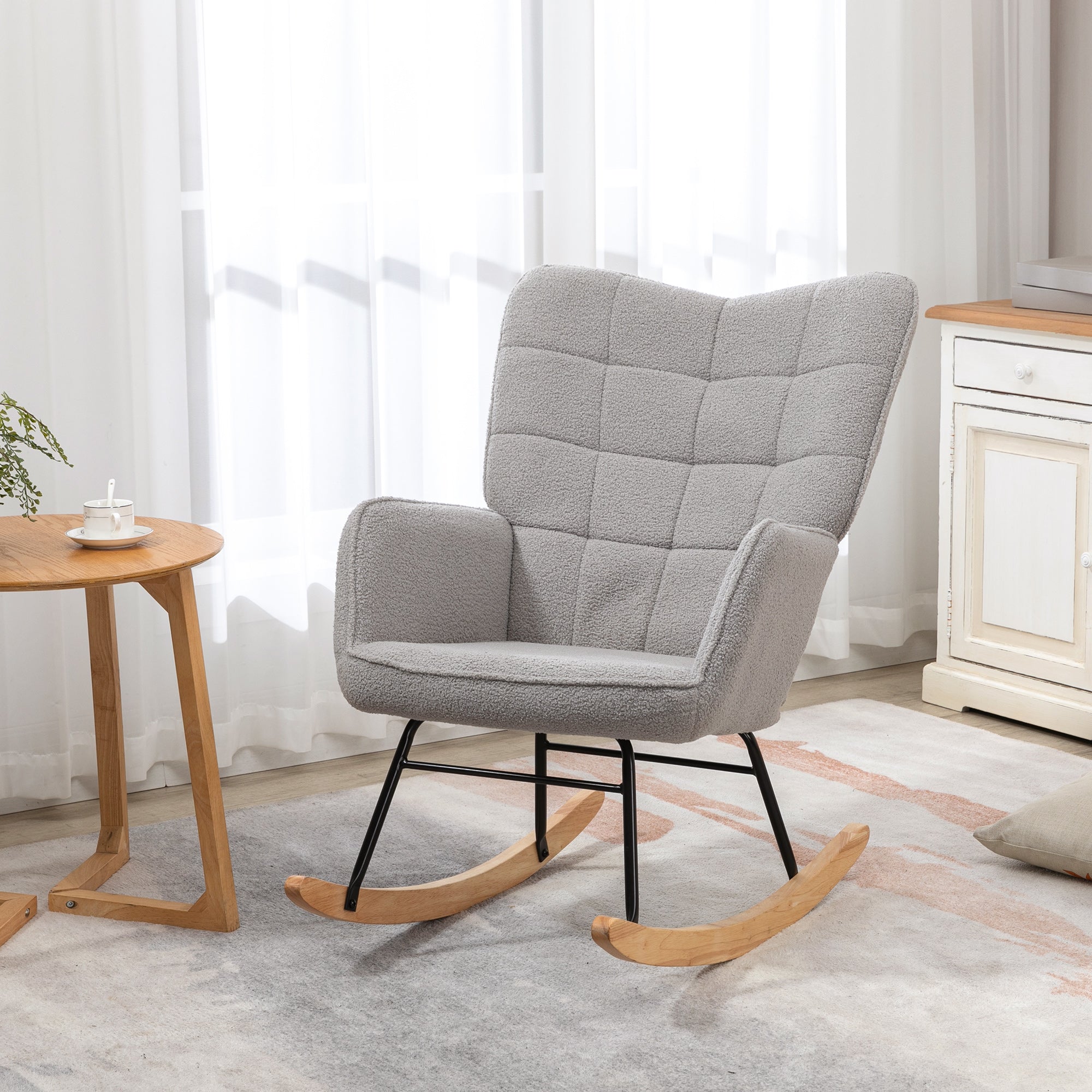 Rocking Chair, Rocking Armchair with Berber Fleece Look, Armrest, Padded Chair with Wooden Rockers, Relax Armchair for Living Room, Bedroom, up to 120kg Load, Light Grey