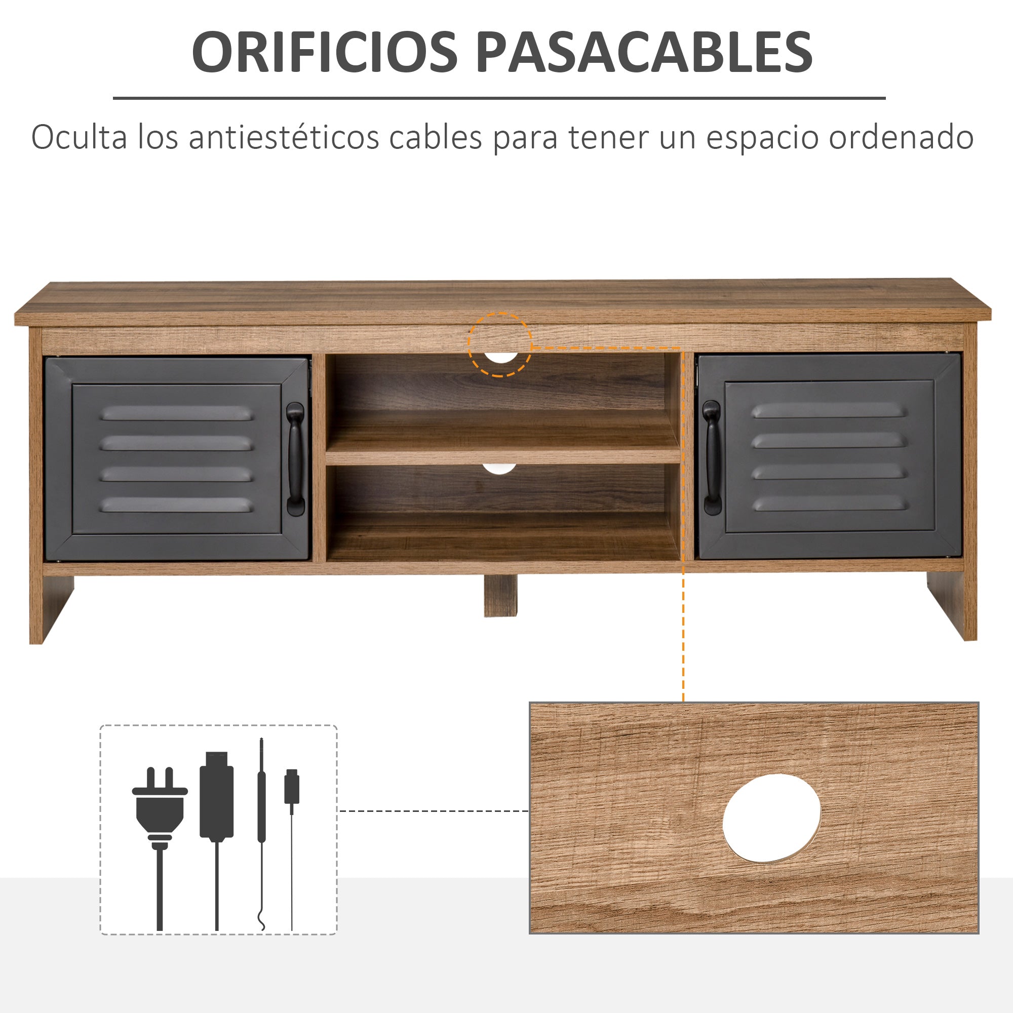 TV Stand for 42" TVs with 2 Closed Compartments with Metal Doors and 2 Open Shelves Modern living room furniture TV table 109x35x38 cm Natural Wood and Gray