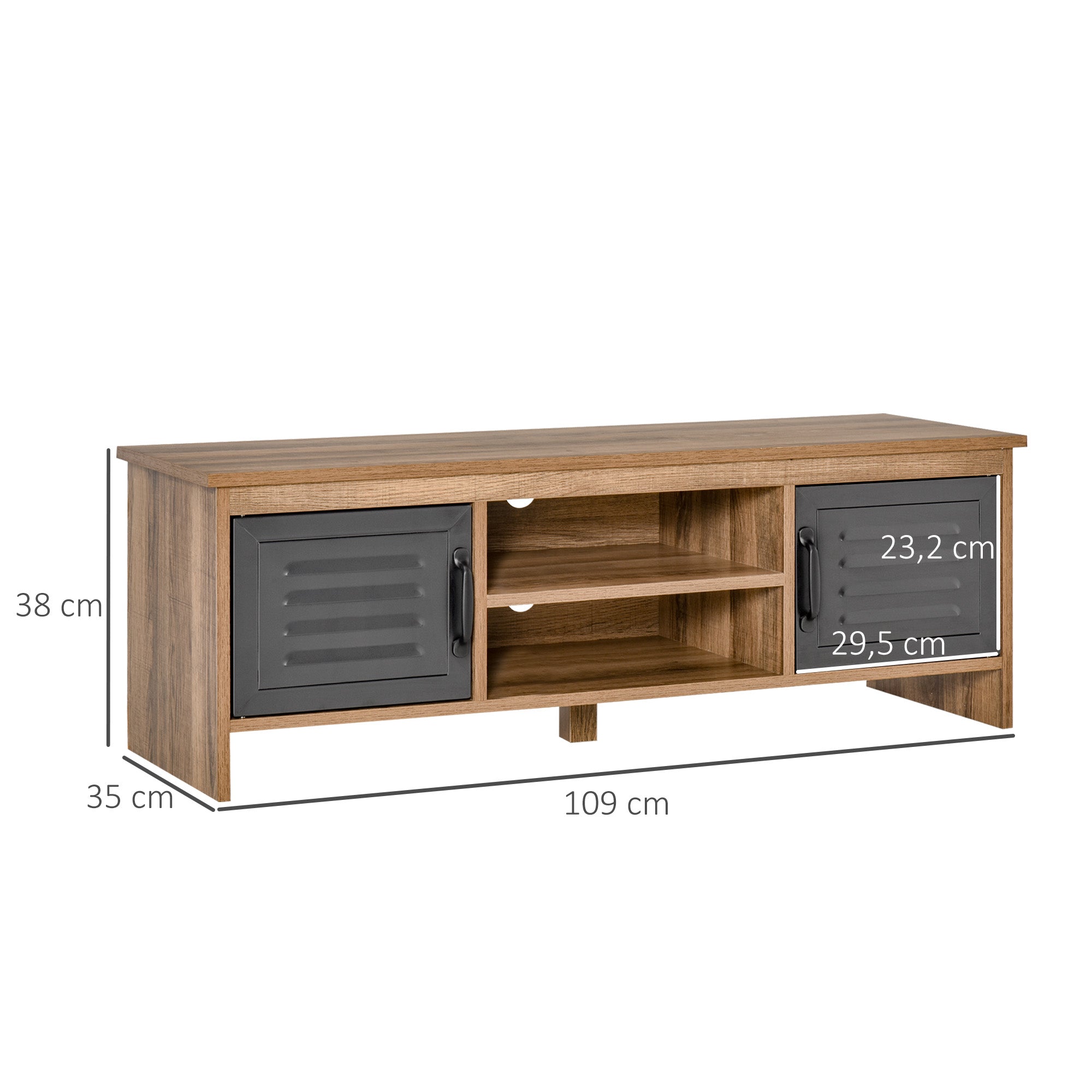 TV Stand for 42" TVs with 2 Closed Compartments with Metal Doors and 2 Open Shelves Modern living room furniture TV table 109x35x38 cm Natural Wood and Gray