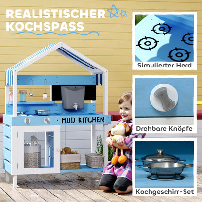 Mud Kitchen Kids Outdoor Garden Play Kitchen Made of Wood with Stove, Sink, Faucet, Storage Shelves, Cookware, Accessories, Play Kitchen for Kids 3-7 Years Blue