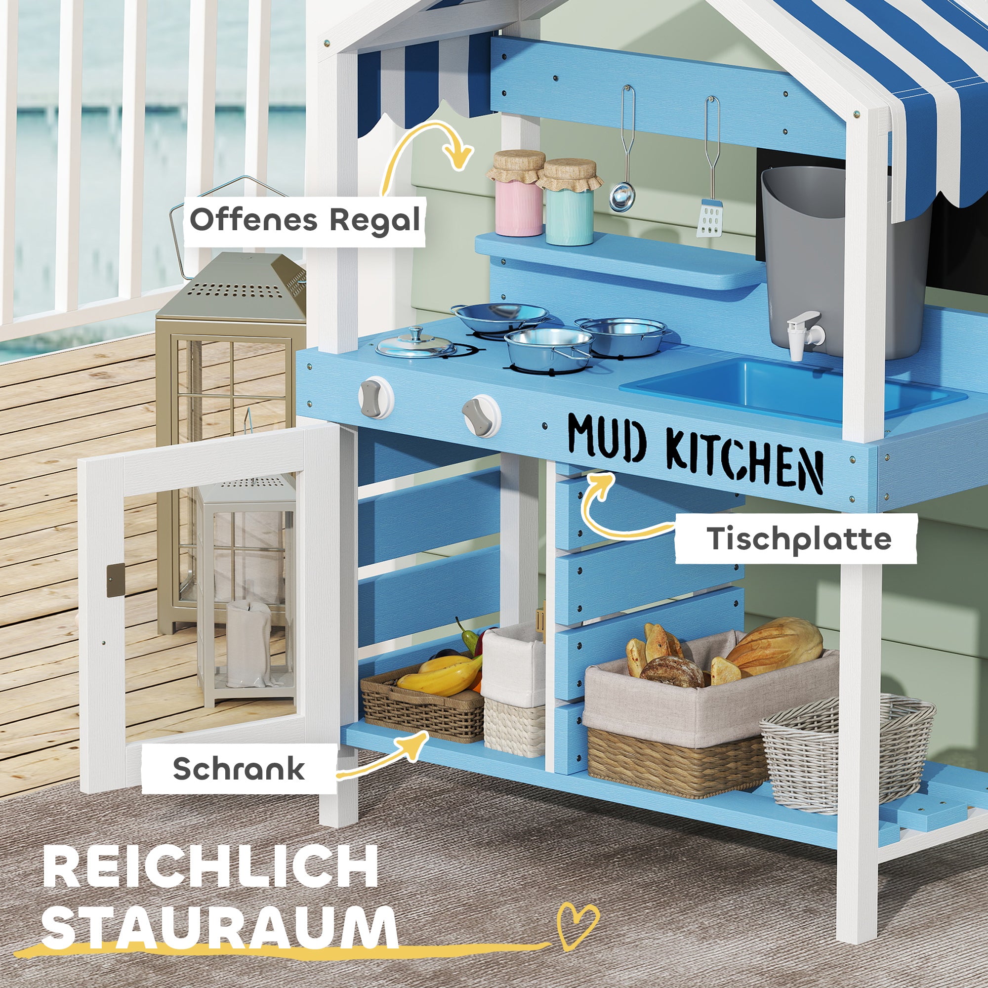Mud Kitchen Kids Outdoor Garden Play Kitchen Made of Wood with Stove, Sink, Faucet, Storage Shelves, Cookware, Accessories, Play Kitchen for Kids 3-7 Years Blue