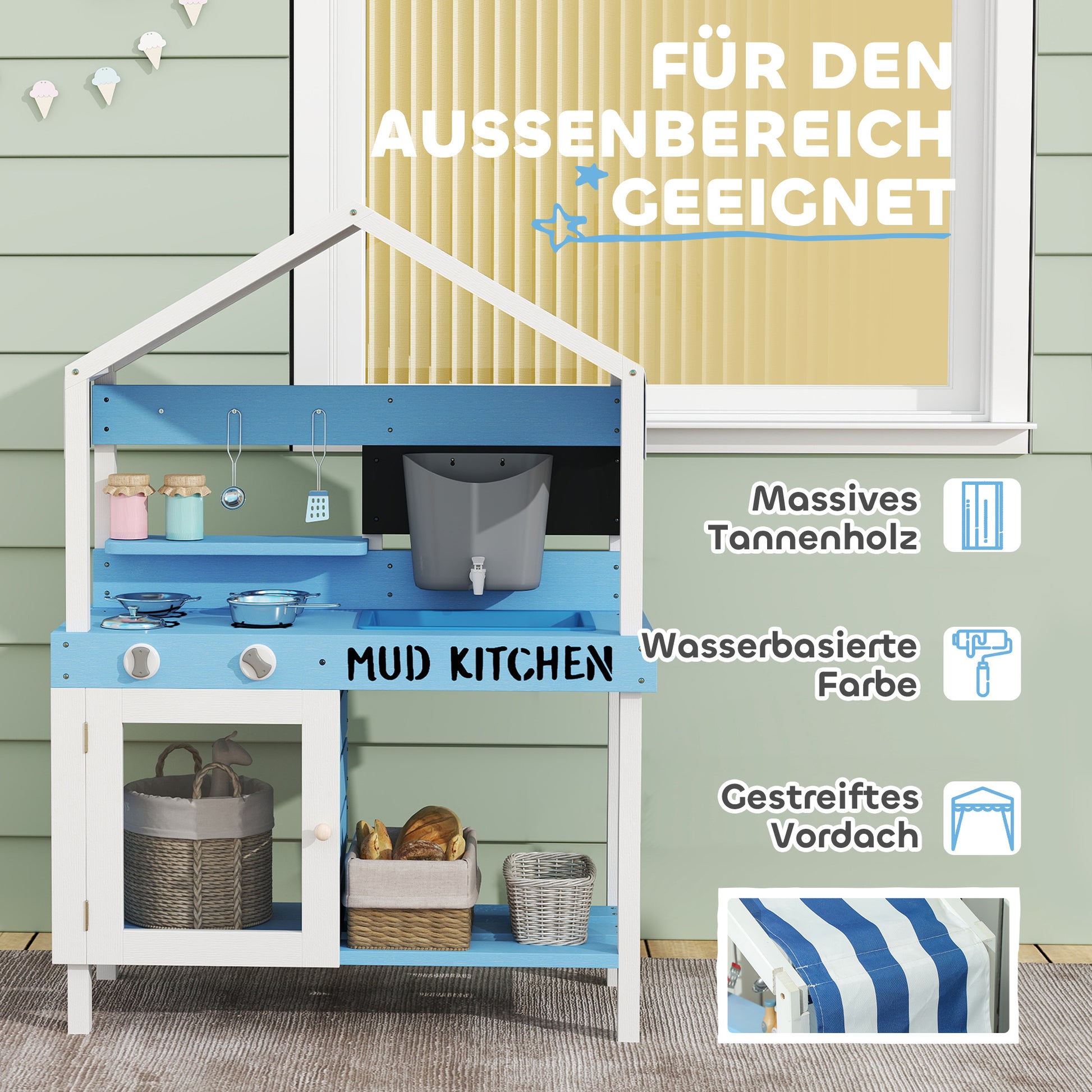 Mud Kitchen Kids Outdoor Garden Play Kitchen Made of Wood with Stove, Sink, Faucet, Storage Shelves, Cookware, Accessories, Play Kitchen for Kids 3-7 Years Blue