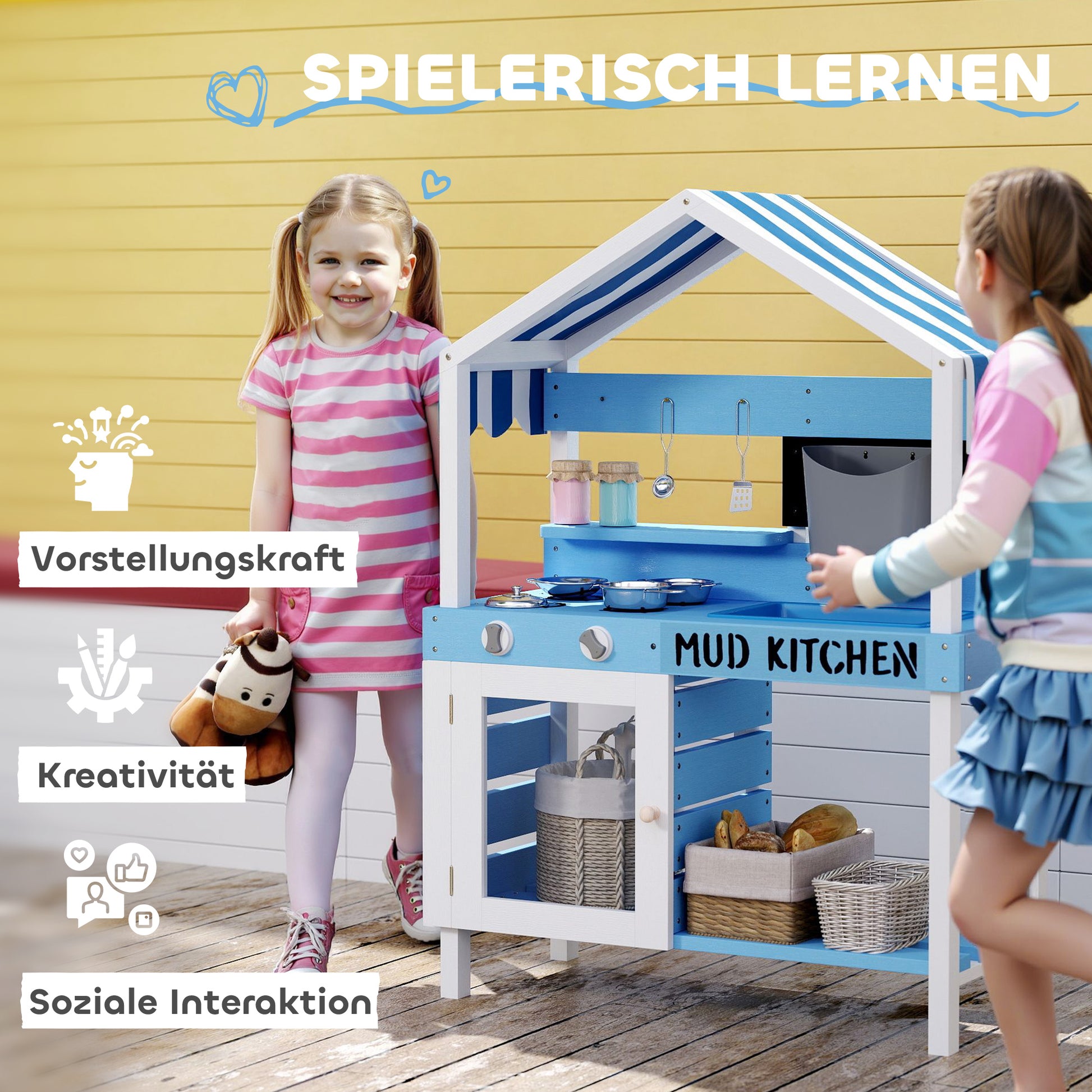 Mud Kitchen Kids Outdoor Garden Play Kitchen Made of Wood with Stove, Sink, Faucet, Storage Shelves, Cookware, Accessories, Play Kitchen for Kids 3-7 Years Blue