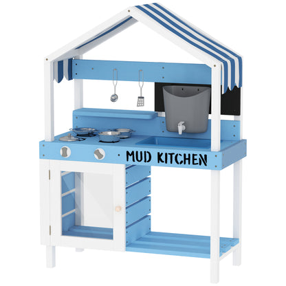 Mud Kitchen Kids Outdoor Garden Play Kitchen Made of Wood with Stove, Sink, Faucet, Storage Shelves, Cookware, Accessories, Play Kitchen for Kids 3-7 Years Blue