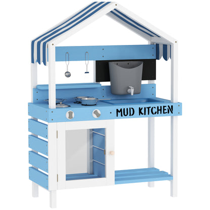 Mud Kitchen Kids Outdoor Garden Play Kitchen Made of Wood with Stove, Sink, Faucet, Storage Shelves, Cookware, Accessories, Play Kitchen for Kids 3-7 Years Blue